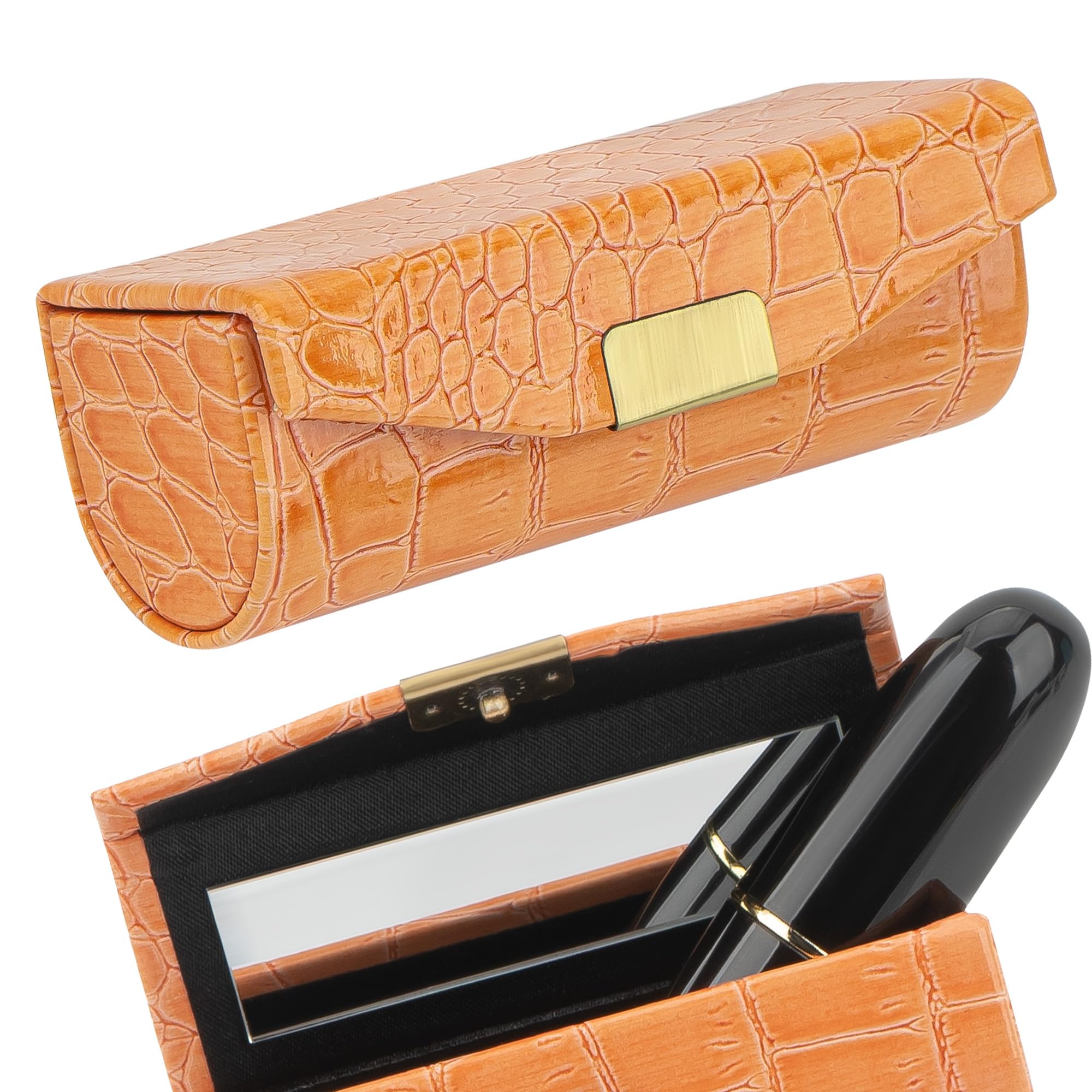 SHIDOW Portable Single Lipstick Holder w/Mirror PU Leather Orange 1Pcs