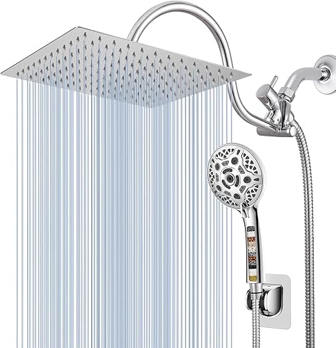 Voolan Cabezal de ducha de lluvia de alta presión con combo de mano, cabezal de ducha cuadrado de 10 pulgadas con brazo de extensión de ducha