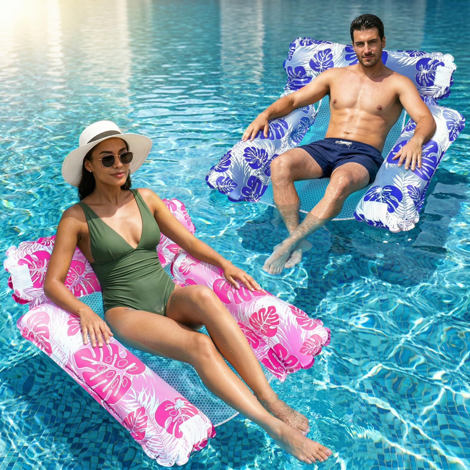 Jsdoin Pool Inflatables, 2 Pack Inflatable Pool Toys, Inflatable Pool Chair for Adults, Swimming Pool Water Hammock, Tanning Pool with 3 Floating Pipes Monstera leaf(Red+Blue) (3 Floating Pipes)