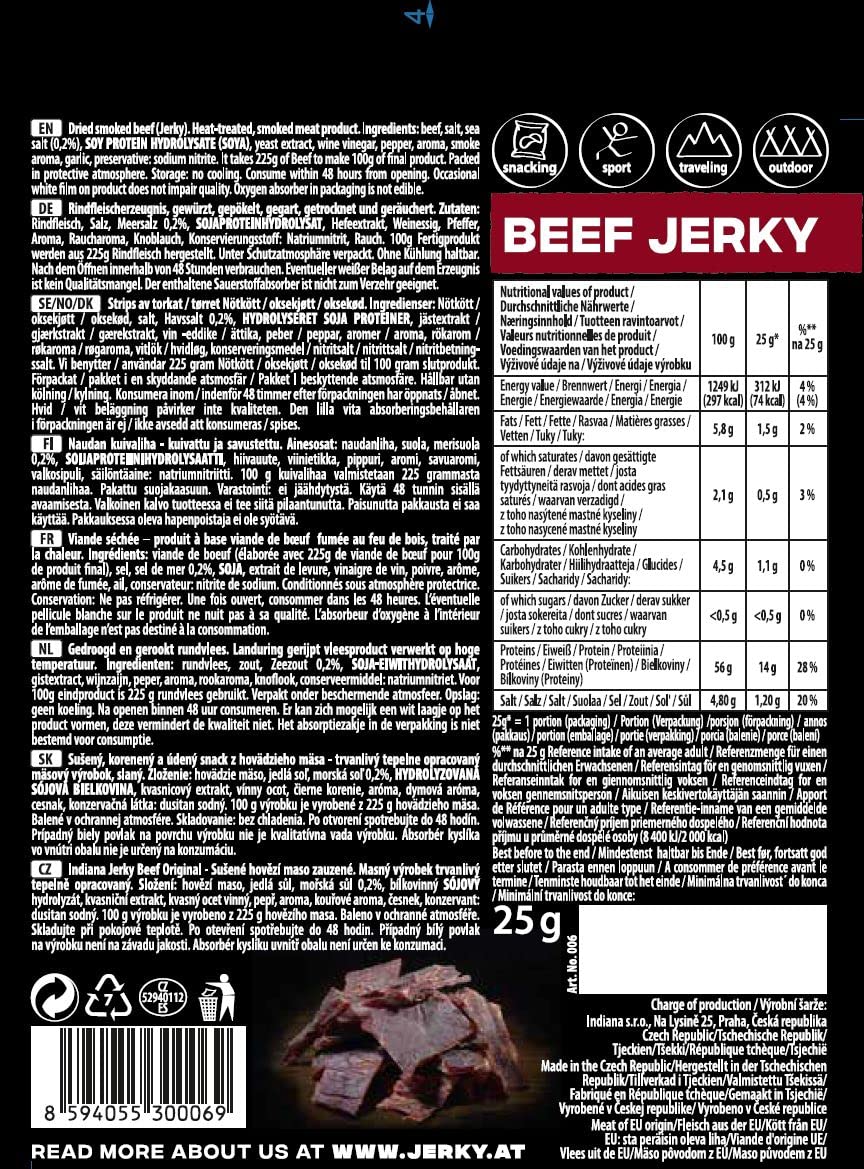 Indiana Jerky Beef Original, carne secca ad alto contenuto proteico, senza zuccheri aggiunti, senza glutine (15 x 25g)