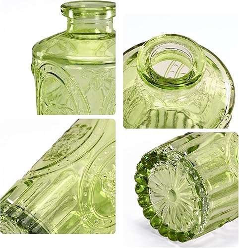 Miniatura 6 de Jarrones verdes pequeños a granel 12, jarrones de flores vintage en relieve para centros de mesa, jarrón de cristal bohemio para flores, mini jarrón