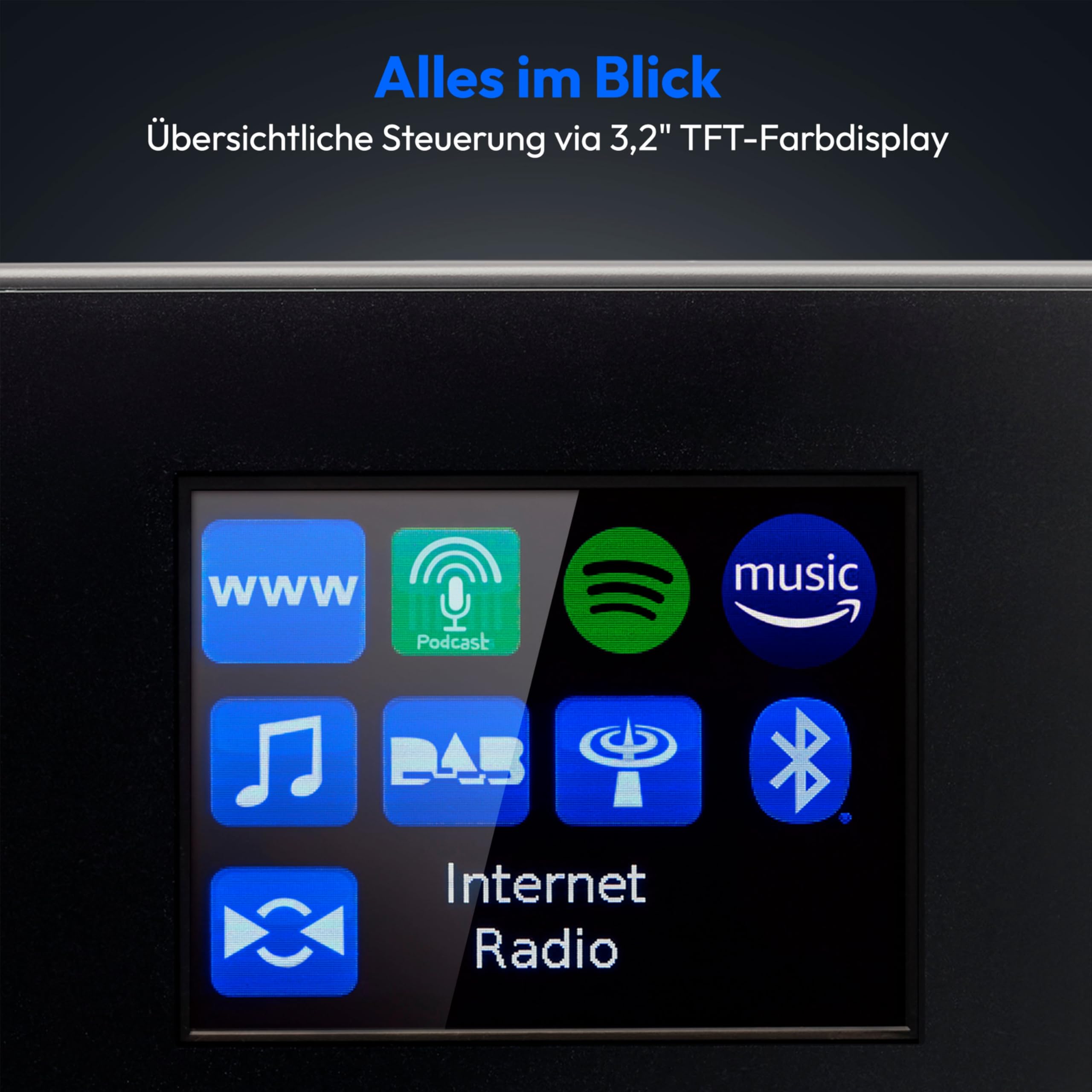 MEDION P85444 2.1 Internetradio mit Subwoofer (DAB+, UKW Radio, Spotify Connect, WLAN, Bluetooth, Streaming, Equalizer, Farbdisplay, USB, AUX, Wecker, Schlummerfunktion, Sleep Timer) schwarz