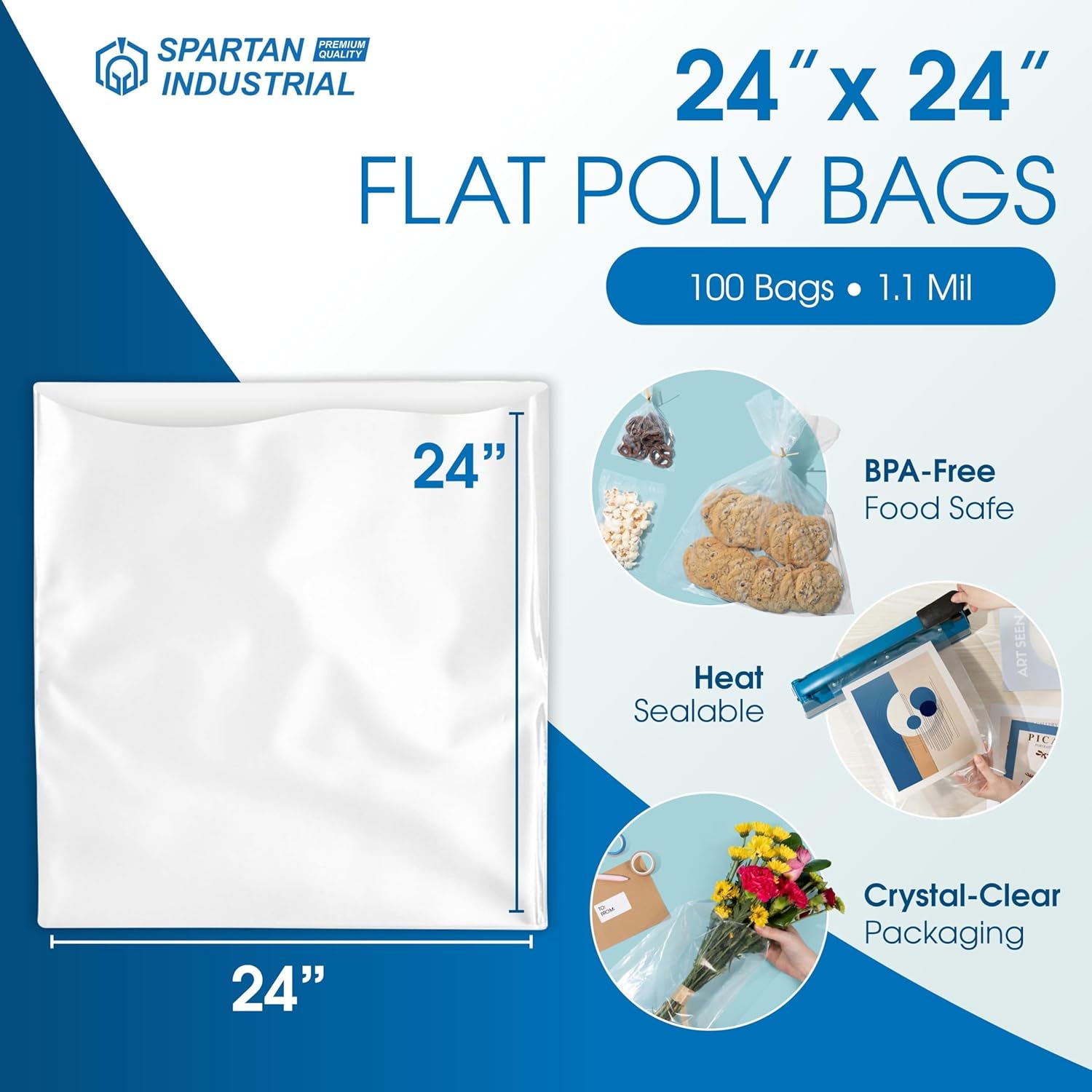 24" X 24" Open-End Flat Clear Poly Bags (100 Count) - 1.1 Mil Clear Plastic Bags for Packaging, Clothing, Storage - No Adhesive Strip - Spartan Industrial