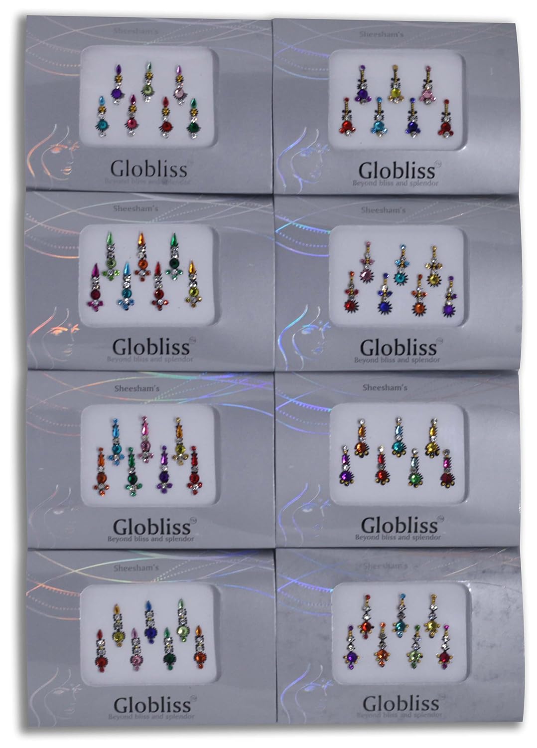 6 Packs with 42 Long Indian Bindis face Gems Forehead Sticker Silver Golden Colorful