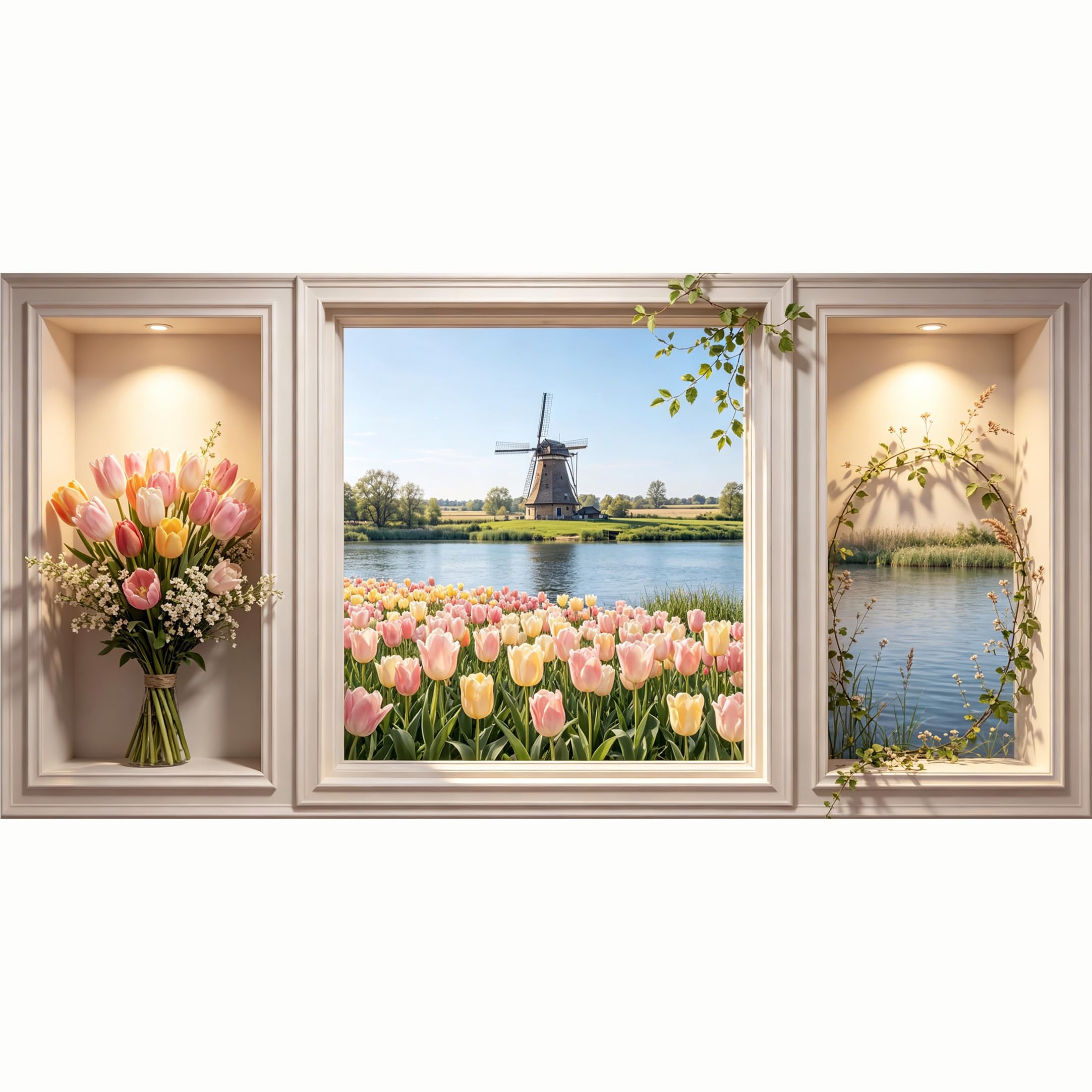 QZLITHOTIC 50x100cm 3D Framed Wall Art， Tulip Field Windmill Landscape SelfAdhesive Mural， WaterActivated Peel & Stick Fabric Decor Wall Decal for Bedroom Living Room