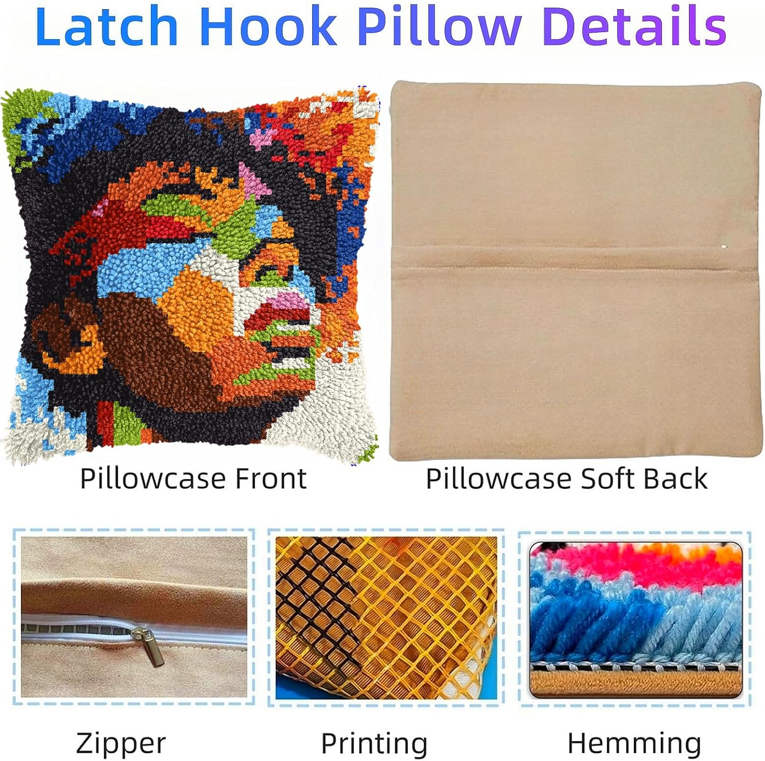 Latch Hook Pillow Kit Abstract Graffiti African Woman with Pre-Printed Pillow Cover DIY Pillowcase Crochet Yarn Hooking Craft Set for Hobby and Home Decor 43x43cm-1