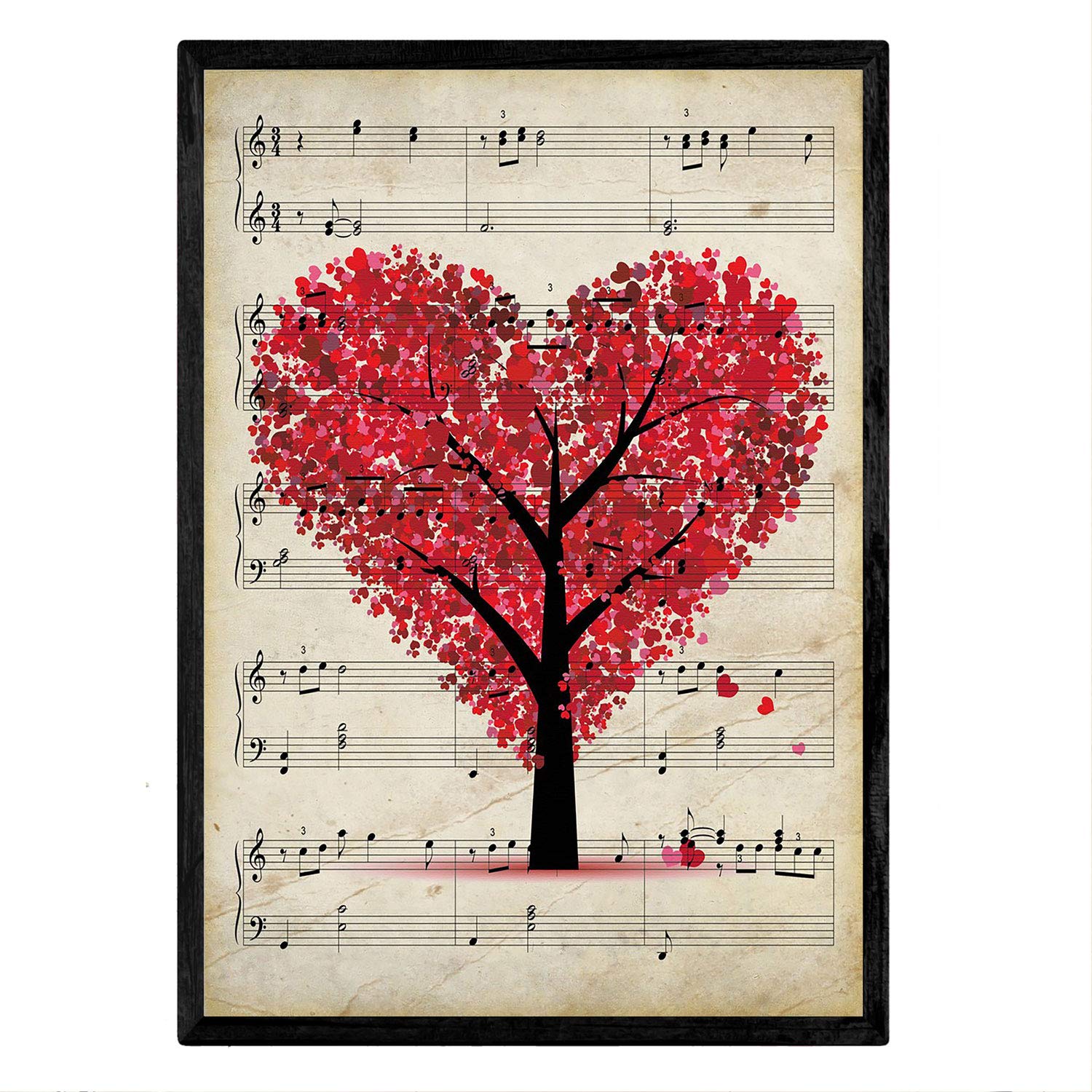 Nacnic Heart Tree - Red Art Print On Music Sheet - Vintage Wall Decoration Poster - Decorative Painting Love And Music - A4 Without Frame.