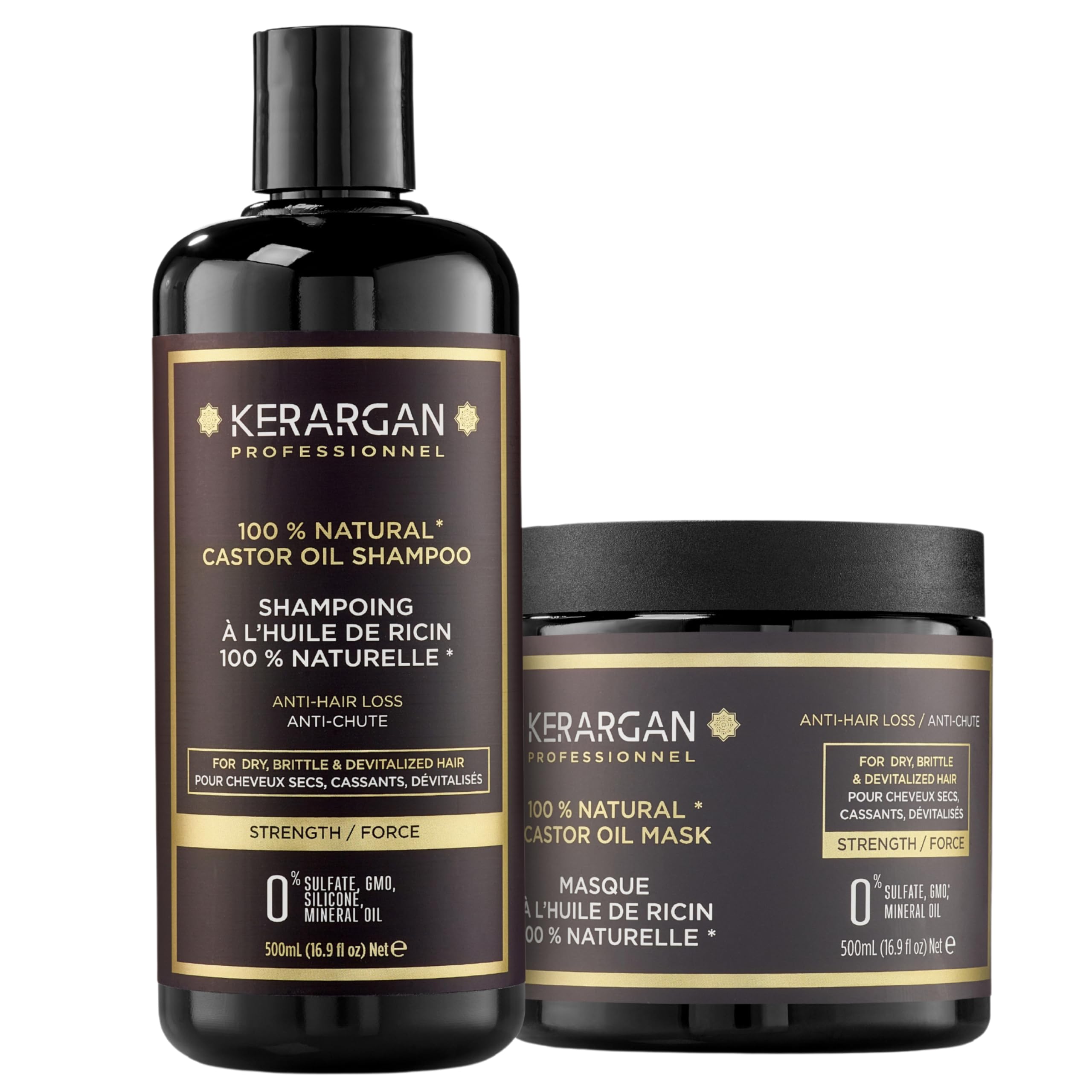 Kerargan - Duo Anti-Chute Shampoing & Masque à l’Huile de Ricin pour Cheveux Secs, Fragilisés, Dévitalisés - Booste la Croissance - Sans Sulfate, Silicone, OGM - 2x500 ml
