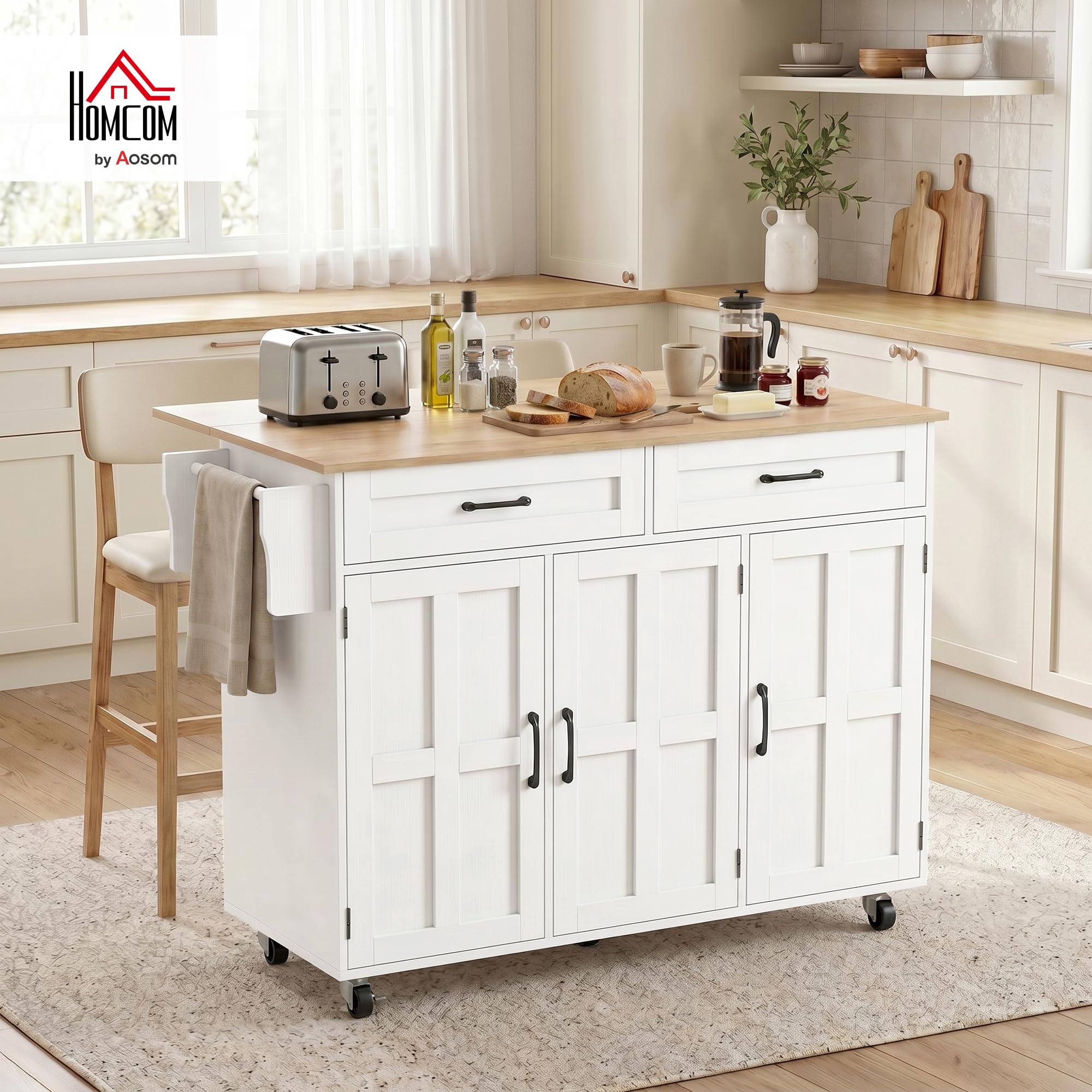 HOMCOM Isla de Cocina con Encimera Extensible, para Comedor, Blanco | Carro de Cocina con Ruedas, 2 Cajones, 3 Armarios, Estantes en la Puerta, Toallero, Estantes Ajustables