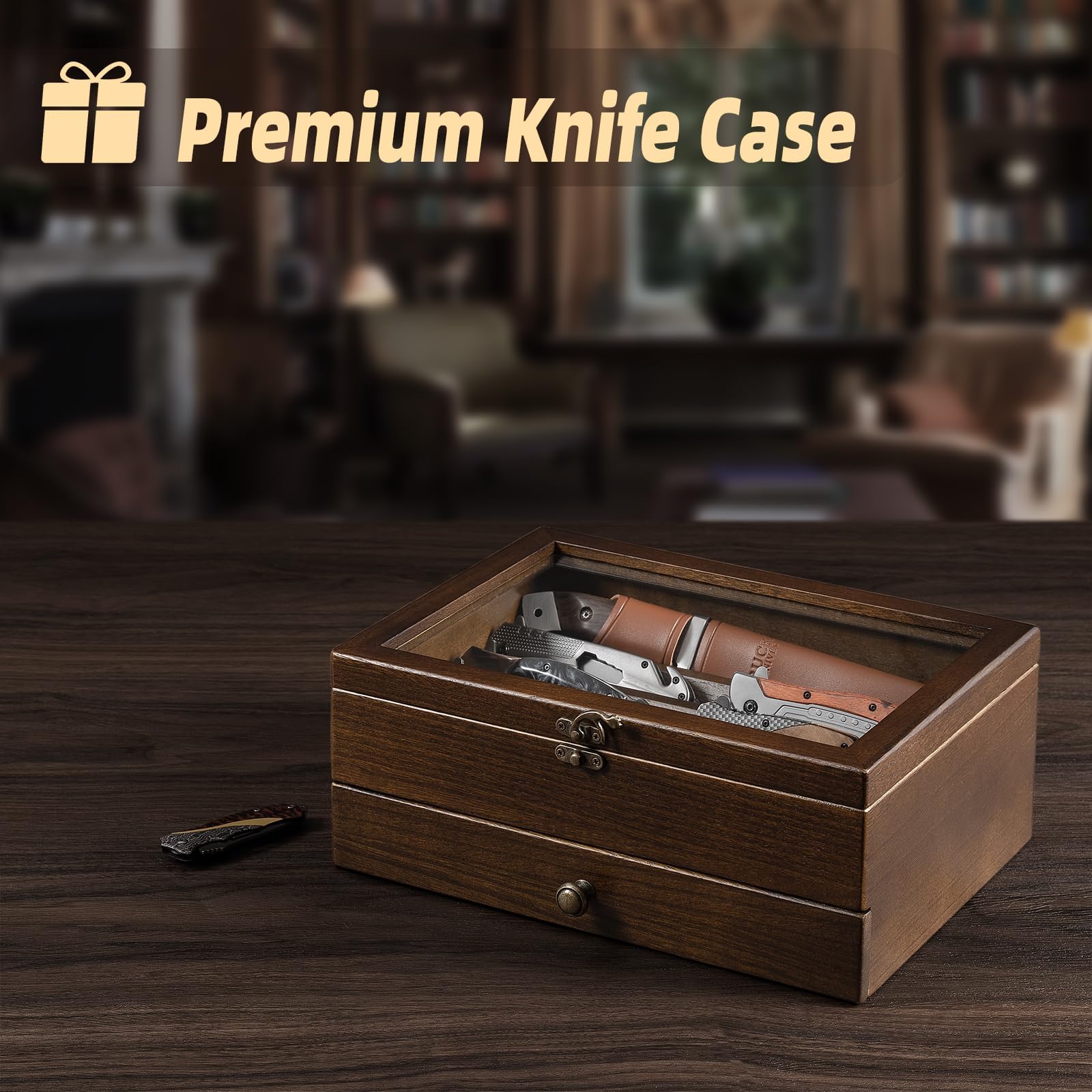 Messer-Vitrine, Messersammlungs-Präsentationsständer mit Glasdeckel, 2 Etagen Taschenmesserkoffer aus Holz mit Schubladen, für Aufbewahrung Verschiedene Messer, Heimdekoration (Walnuss)