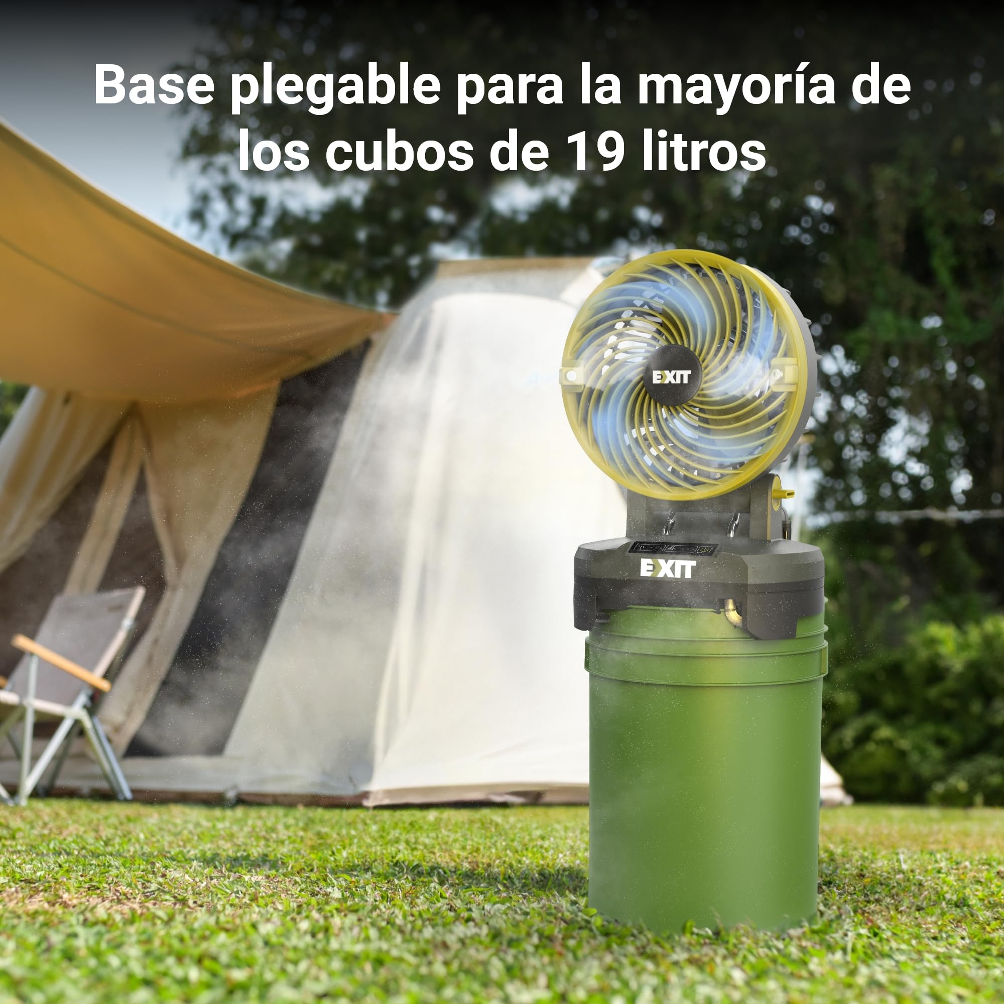 EXIT 20V ventilador de nebulización portátil EX022, ventilador a batería con 3 velocidades y 3 niveles de nebulización, perfecto para camping, picnics y playa. Incluye batería reemplazable de 2,0 Ah.