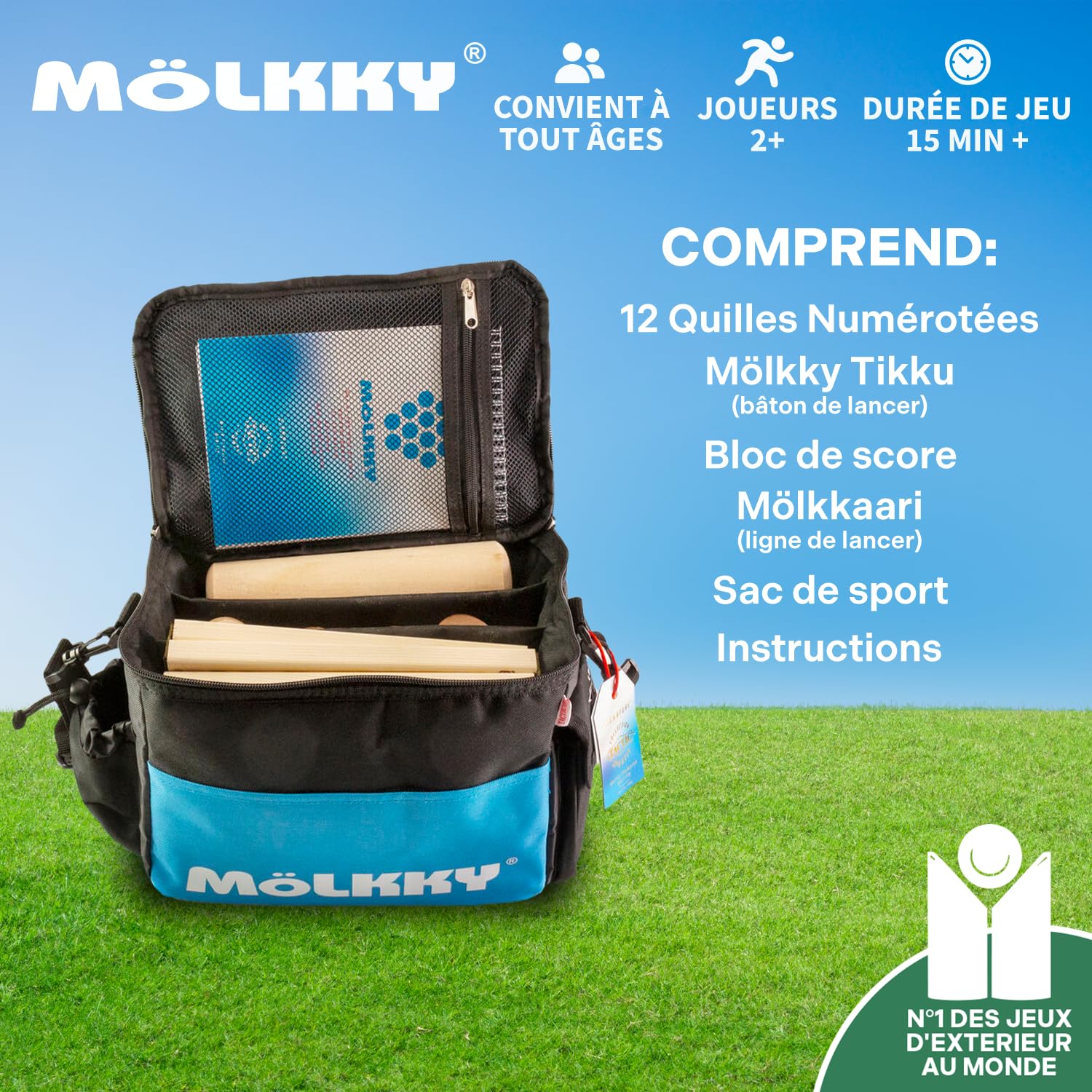 Mölkky Sport Bag - 12 quilles en Bois de Bouleau, 1 bâton, Sac de Transport, carnet de Scores, Mölkkaari - Jeux de Lancer de Tournoi pour l’extérieur - Jeu de mölkky pour la Famille, Les Amis