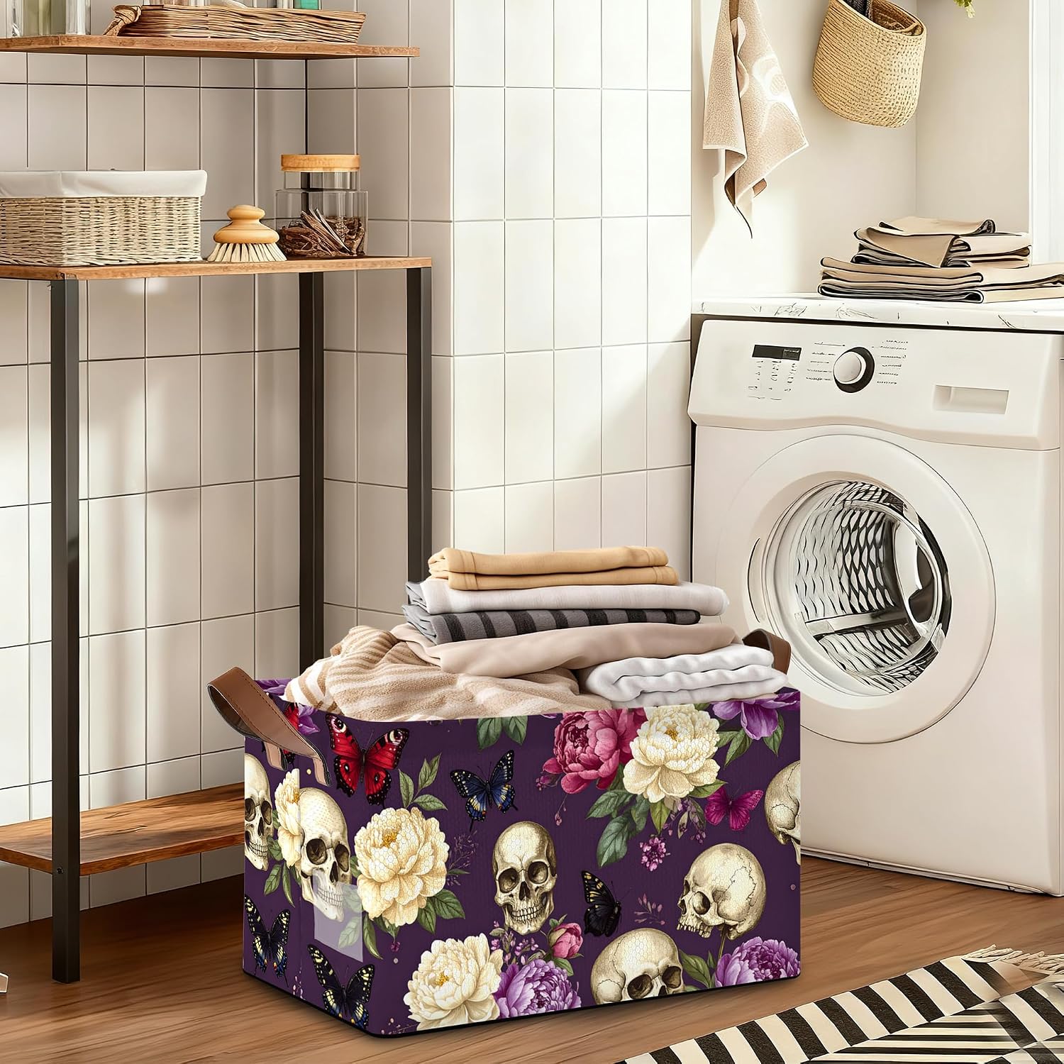 Storage Bins with Handles, Oxford Cloth Storage Basket with Sturdy Frame, Purple Flower Skeleton Collapsible Organizer for Closet, Shelf, Clothes, Towels, Home Storage