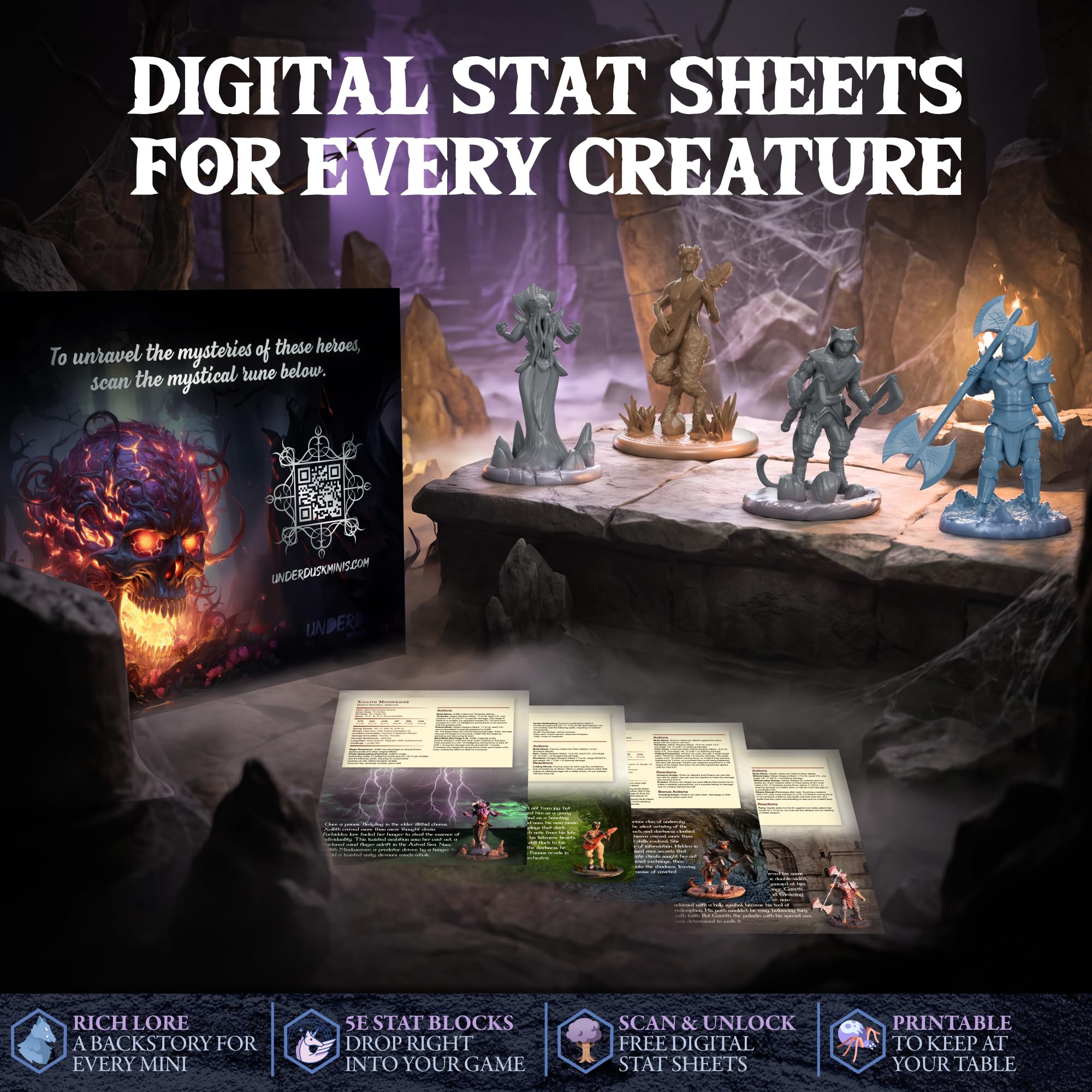 Underdusk: Chaotic Encounters – 64 D&D Miniaturen Set | Hochdetailliertes PVC, unbemalt | Inkl. Datenblättern & Storys für RPG & Tabletop