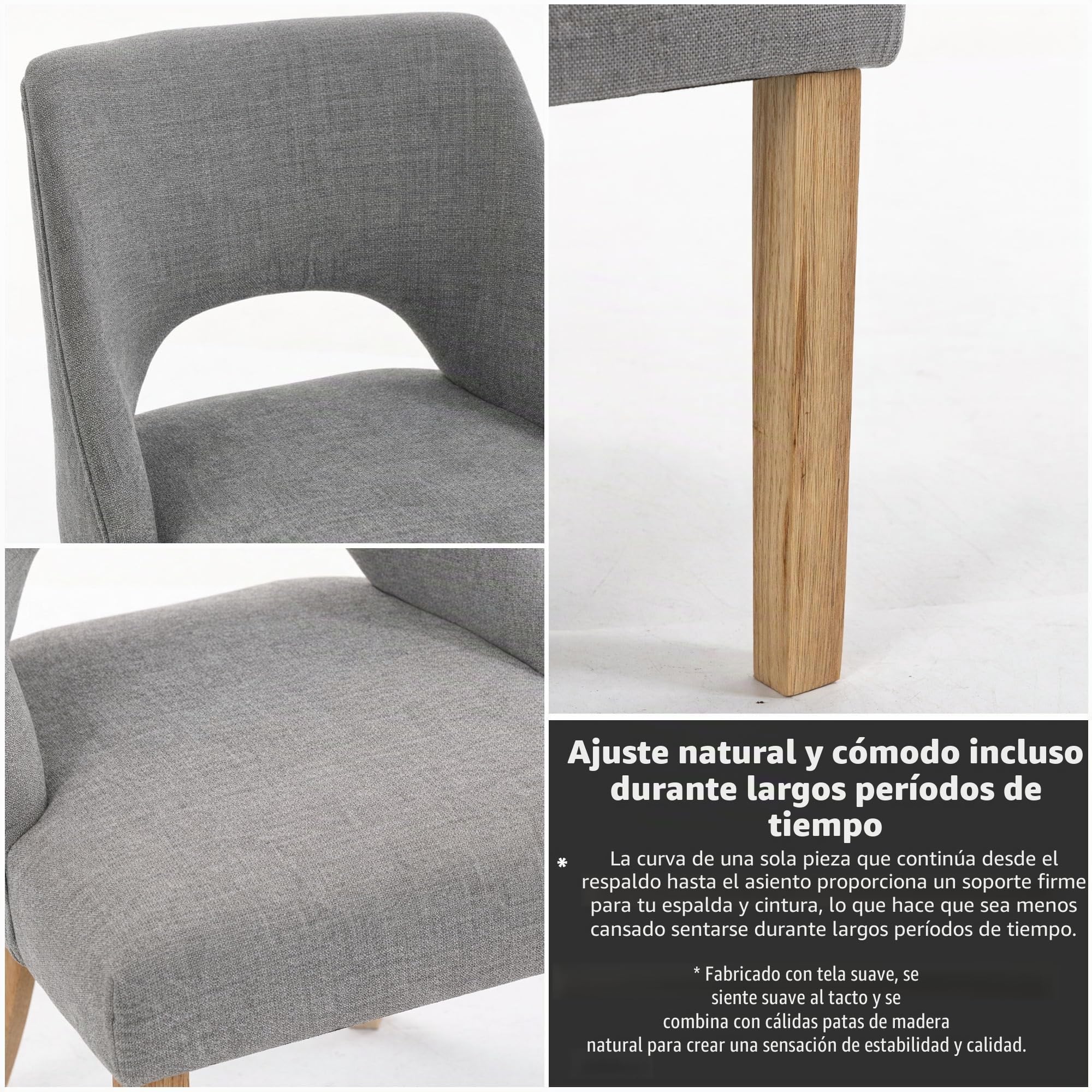 TIANSHU Sillas de Comedor Tapizadas con Respaldo Curvado, Silla de Tela con Patas de Madera Maciza, Silla de Cocina Moderna Acolchada para Comedor Salón Dormitorio (Juego de 2, Gris)