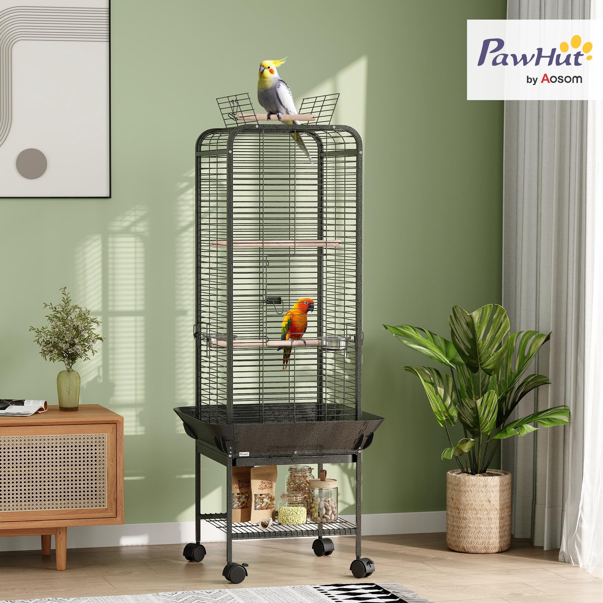 PawHut Jaula para Pájaros Jaula para Loros con Ruedas Perchas Comederos Estante y Bandeja Extraíble Pajarera para Cacatúas Cotorras 62,5x62,5x146 cm Gris Oscuro