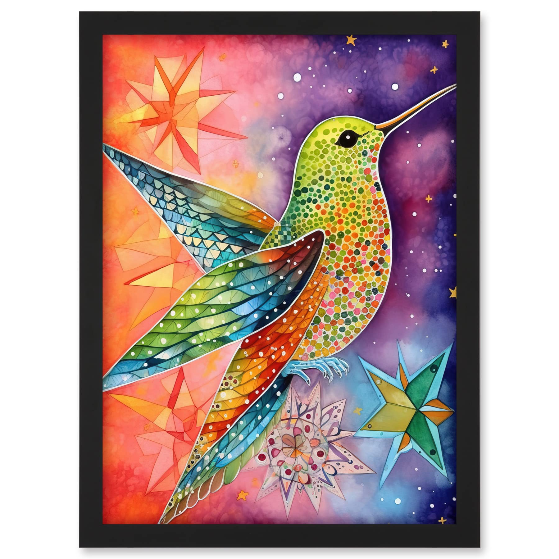 Artery8 Hummingbird In Vibrant Astral Field Folk Art Watercolour Painting Artwork Framed A3 Wall Art Print