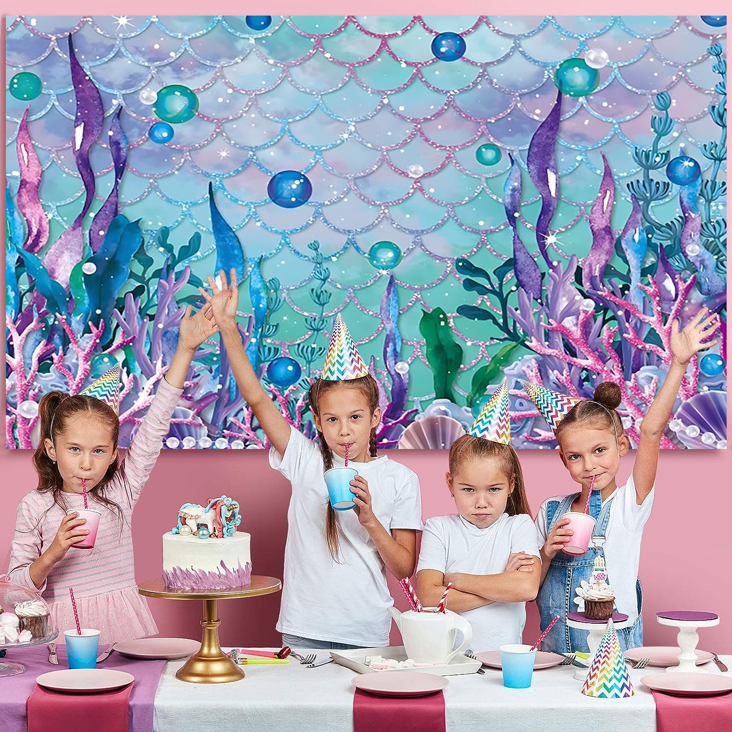 2.4x1.8m Telón de Fondo de Sirena bajo el mar púrpura corales Perlas Fotografía Fondo Chica Princesa Sirenita Cumpleaños Cake Mesa Decoraciones Banner Photo Booth Props