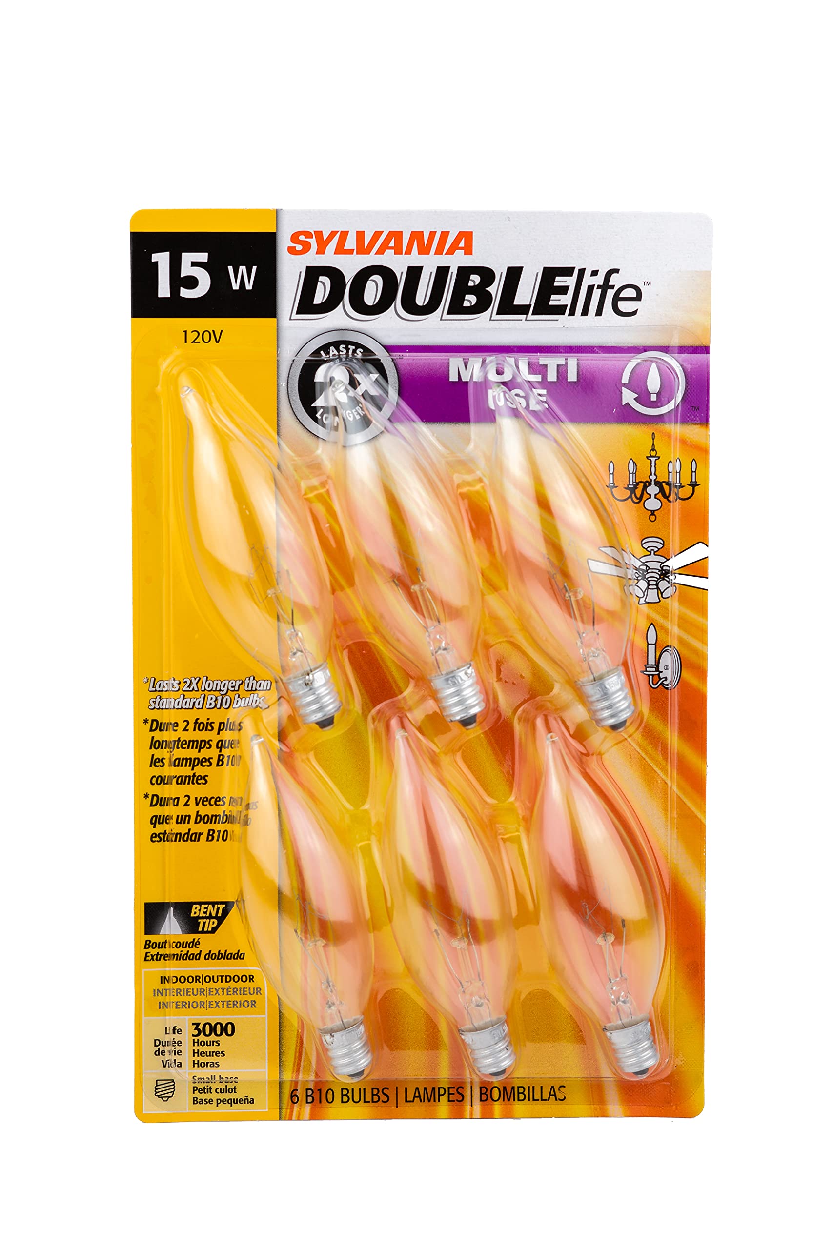 LEDVANCE Sylvania Double Life Incandescent Light Bulb, B10, 15W, Candelabra Base, 65 Lumens, 3000K, Clear, Soft White - 6 Pack (15318)