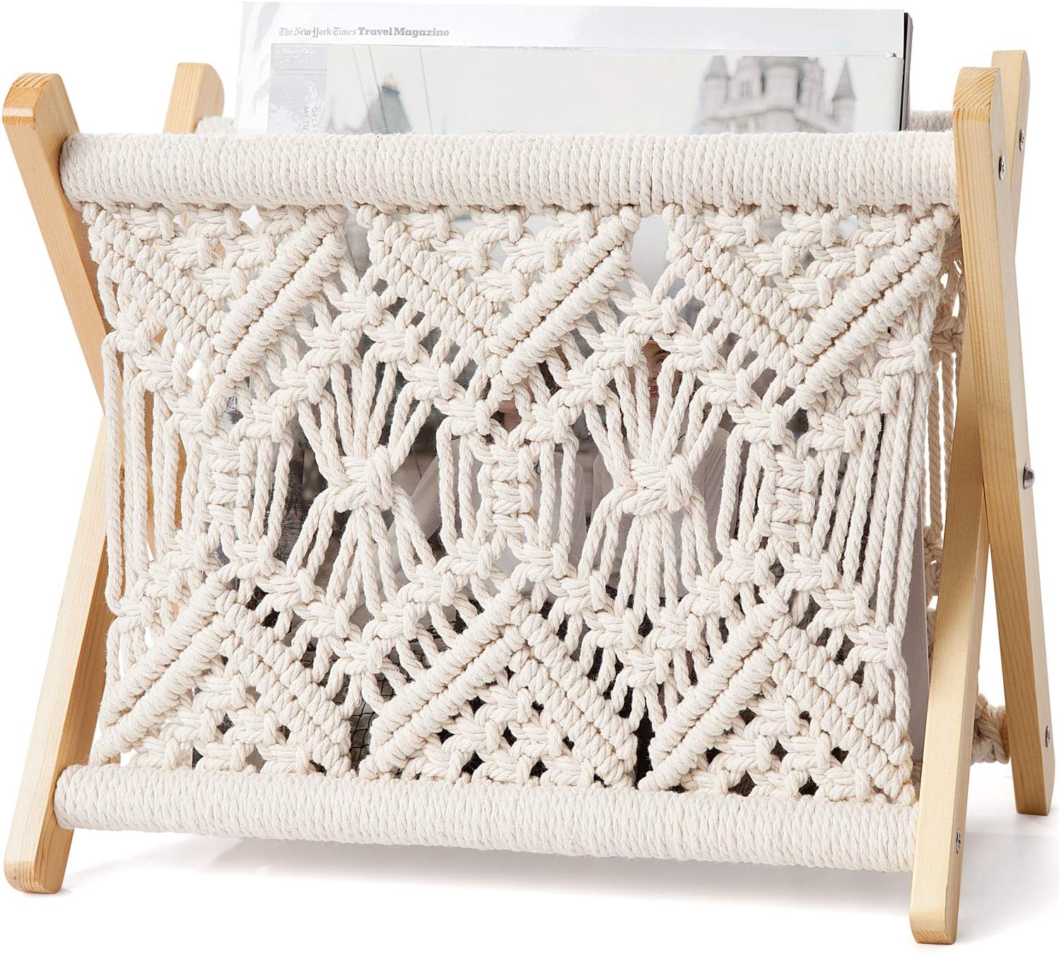 Macrame Magazine Rack Boho Storage Holder Standing Basket for Books, Newspapers, Swaddle Blanket, Dorm Essentials, Living Room, Bathroom, Office, Nursery, Home Decor, Small Size, 11.2”L x 7.5”W