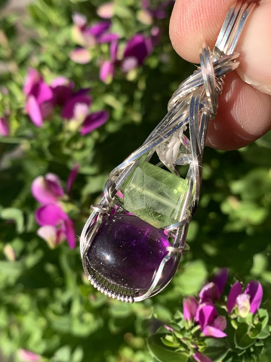 Amethyst Peridot Crystal and Herkimer Diamond Necklace Pendant sterling silver detox weight loss vibration energy Dtxs1