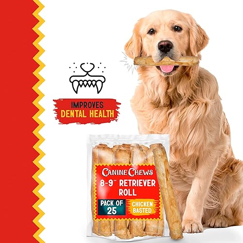 Miniatura 6 de Canine Chews Rollos retriever de cuero crudo para perros de 8 a 9 pulgadas (paquete de 25)  Huesos de cuero crudo de pollo para perros grandes