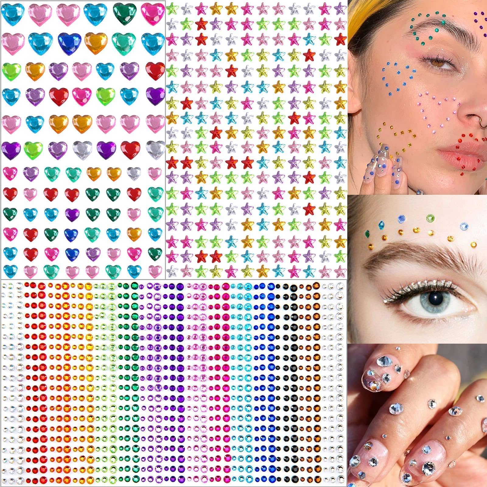 1024PCS Face Hair Gems Self Adhesive Rhinestones for Makeup Eyes Nails Crafting 15 Colors Heart Star Circle Jewels Bling DIY