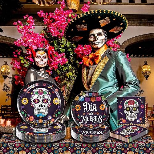 Miniatura 7 de Juego de 64 piezas de vajilla para fiesta del Día de los Muertos Día de los Muertos, suministros de fiesta de calavera de azúcar, platos para fiesta