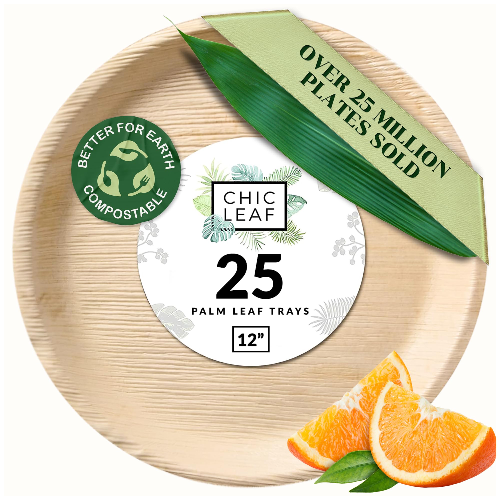 Chic Leaf 100% Compostable Disposable Palm Leaf Tray - Paper Plates Alternative - Disposable Charcuterie Boards Accessories - Round Bamboo Plates (12'', 25 Count)