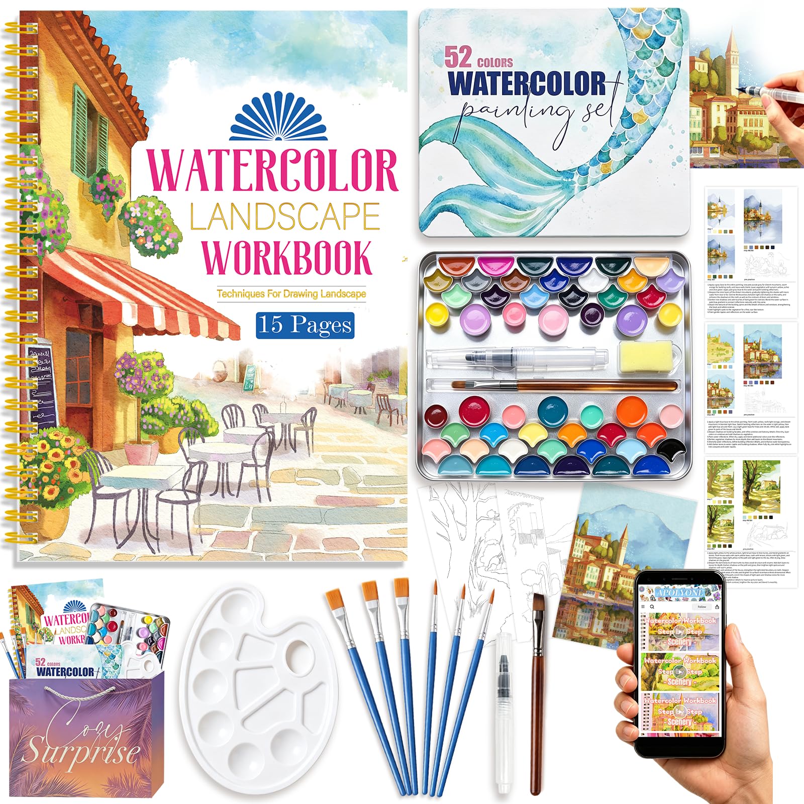 Watercolor Workbook Kit - 52 Colors, 7 Brushes -10