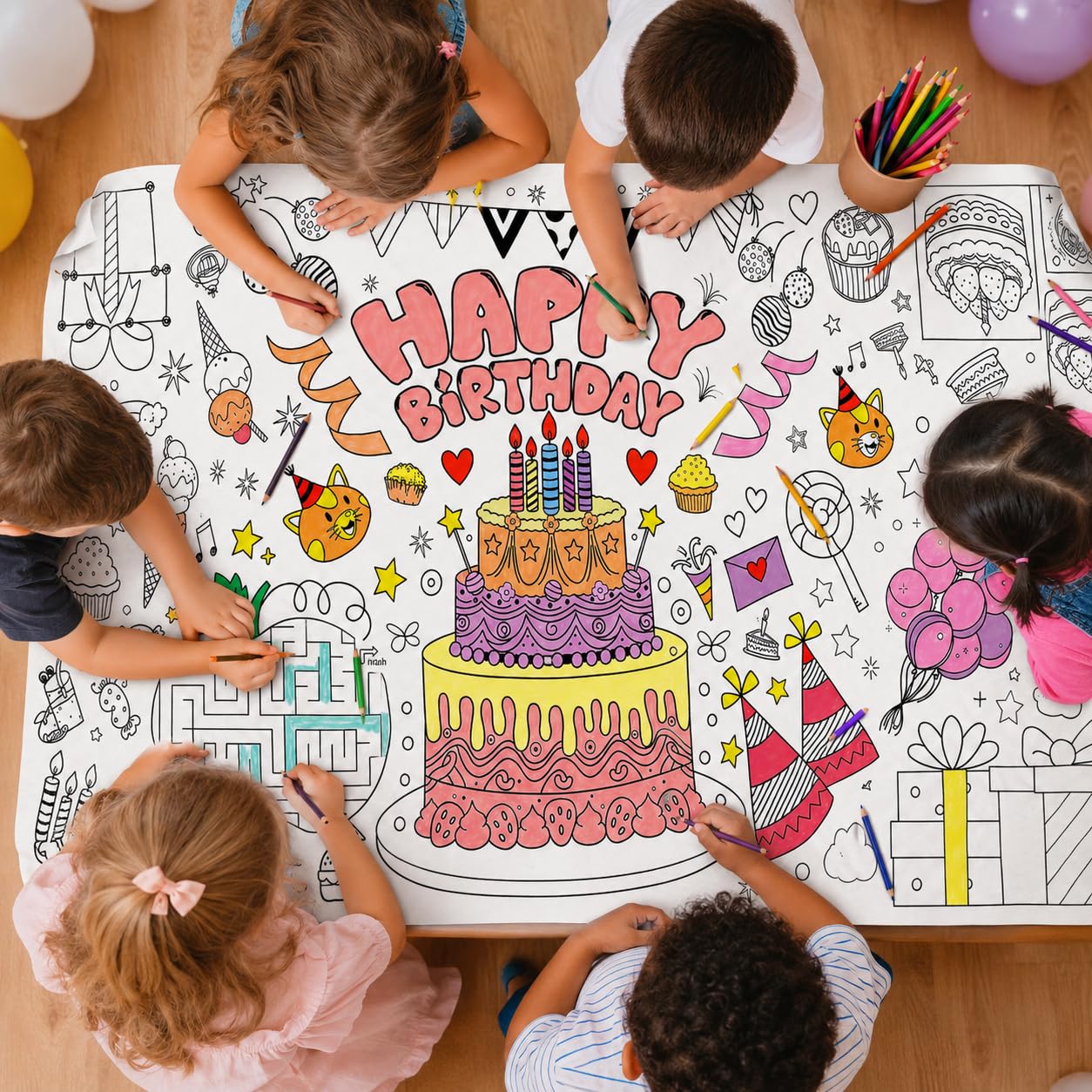 Happy Birthday Giant Colouring Poster Tablecloth for Kids, 30 x 72 in