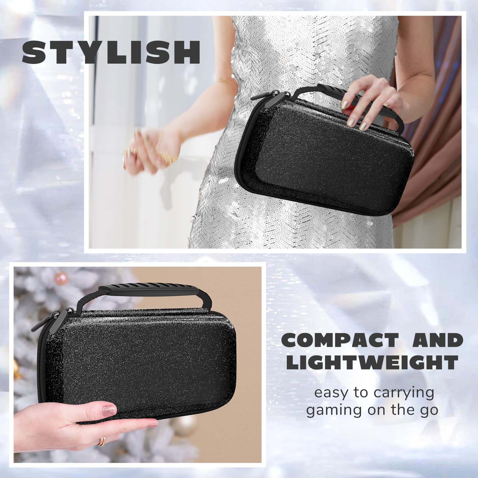 homicozy Glitter Carrying Case Compatible with Nintendo Switch OLED & Switch Console, Protective Hard Travel Case Shell Pouch for Nintendo Switch Console/Accessories,Switch Gaming Cases for Girls: Black