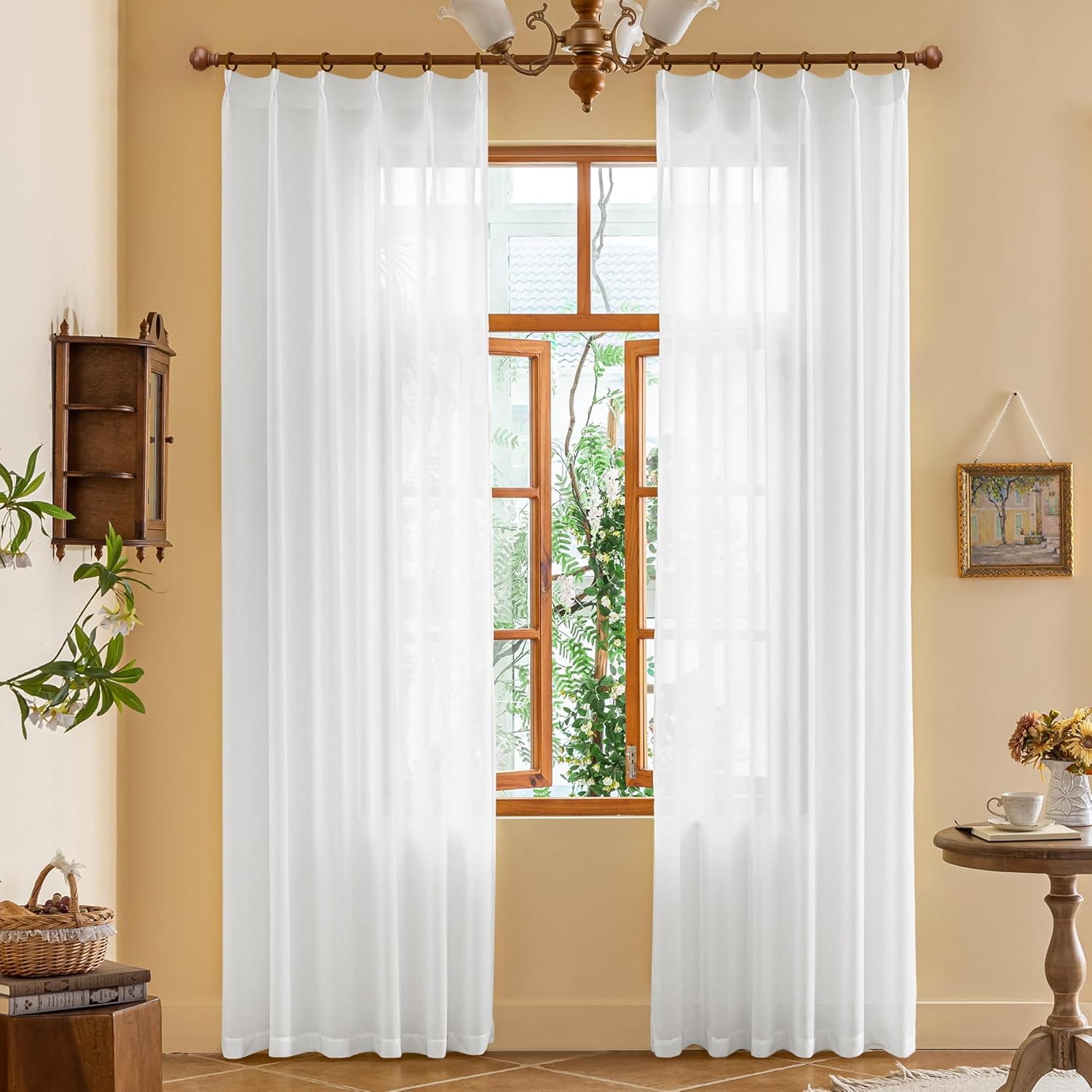 80 Inch Length White Sheer Pinch Pleat Curtains Light Filtering Voile for Patio Door Elegant Soft Touch Lightweight Pleated Drapes with Adjustable Hooks for Traverse Rod, White, 42"W x 80"L, 2 Panels White 42"W x 80"L (Pack of 2)