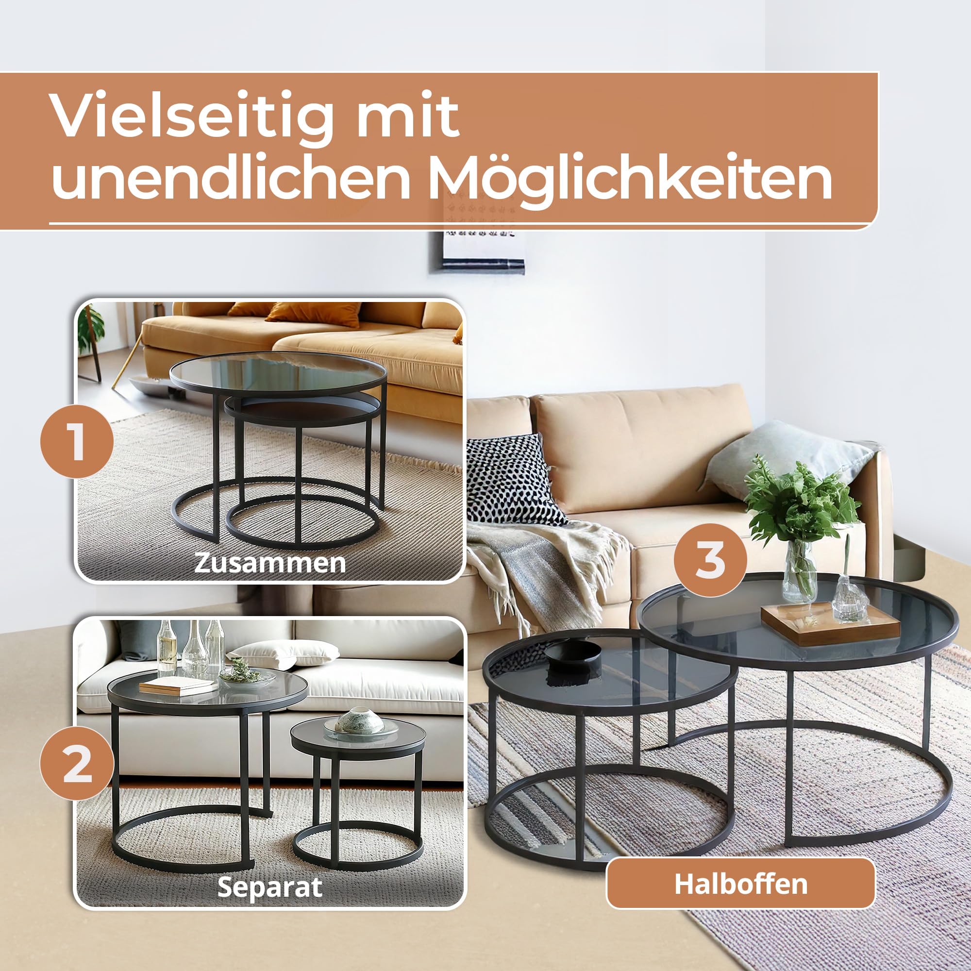 [en.casa] Couchtisch Kokkola 2er Set Wohnzimmertisch rund Beistelltisch Schwarz Tischplatte aus Glas Kaffeetisch Metallgestell Satztisch Sofatisch Rauchglas
