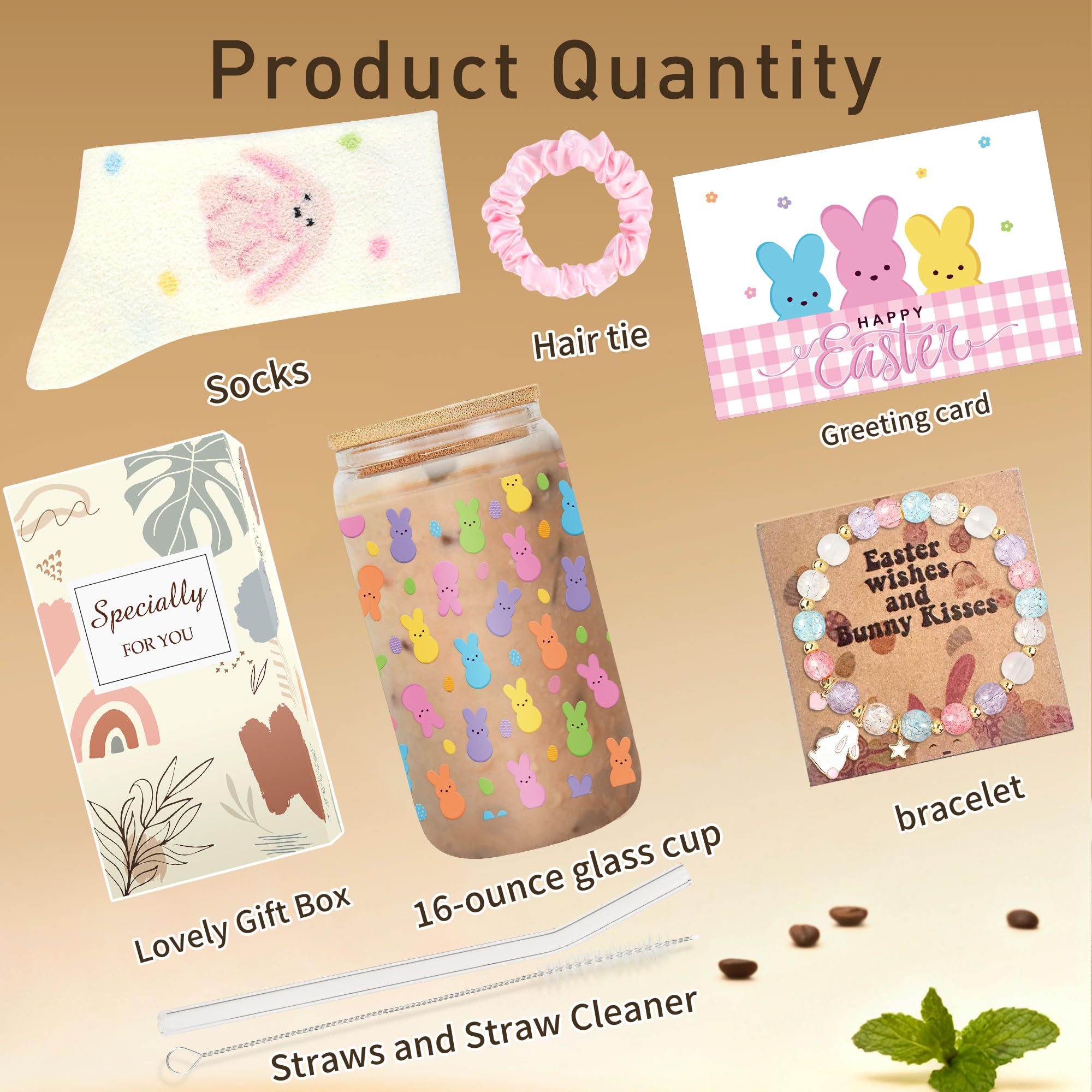 Easter Gifts for Teen Girls & Women, 5 Pcs Easter Basket Stuffers, Bunny Gift Set with 16oz Rabbit Glass Tumbler, Cute Greeting Card, Bracelet, Hair Scrunchie, Socks