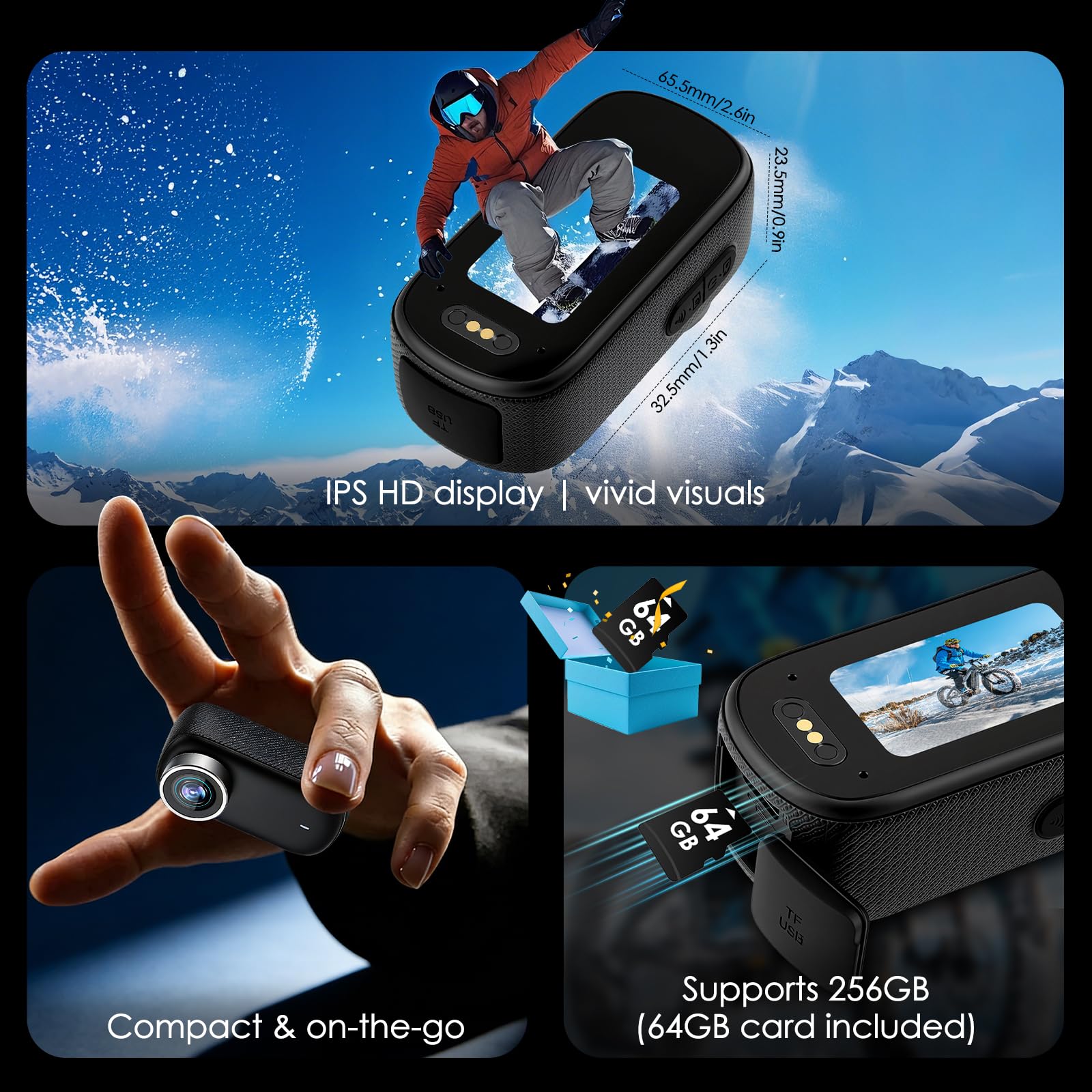 Action Cam a 360° con touch screen e batteria di 8 ore, impermeabile fino a 30 m con alloggiamento, fotocamera POV grandangolare 120° con 10+ accessori per ciclismo, viaggi, sport, inclusa scheda TF