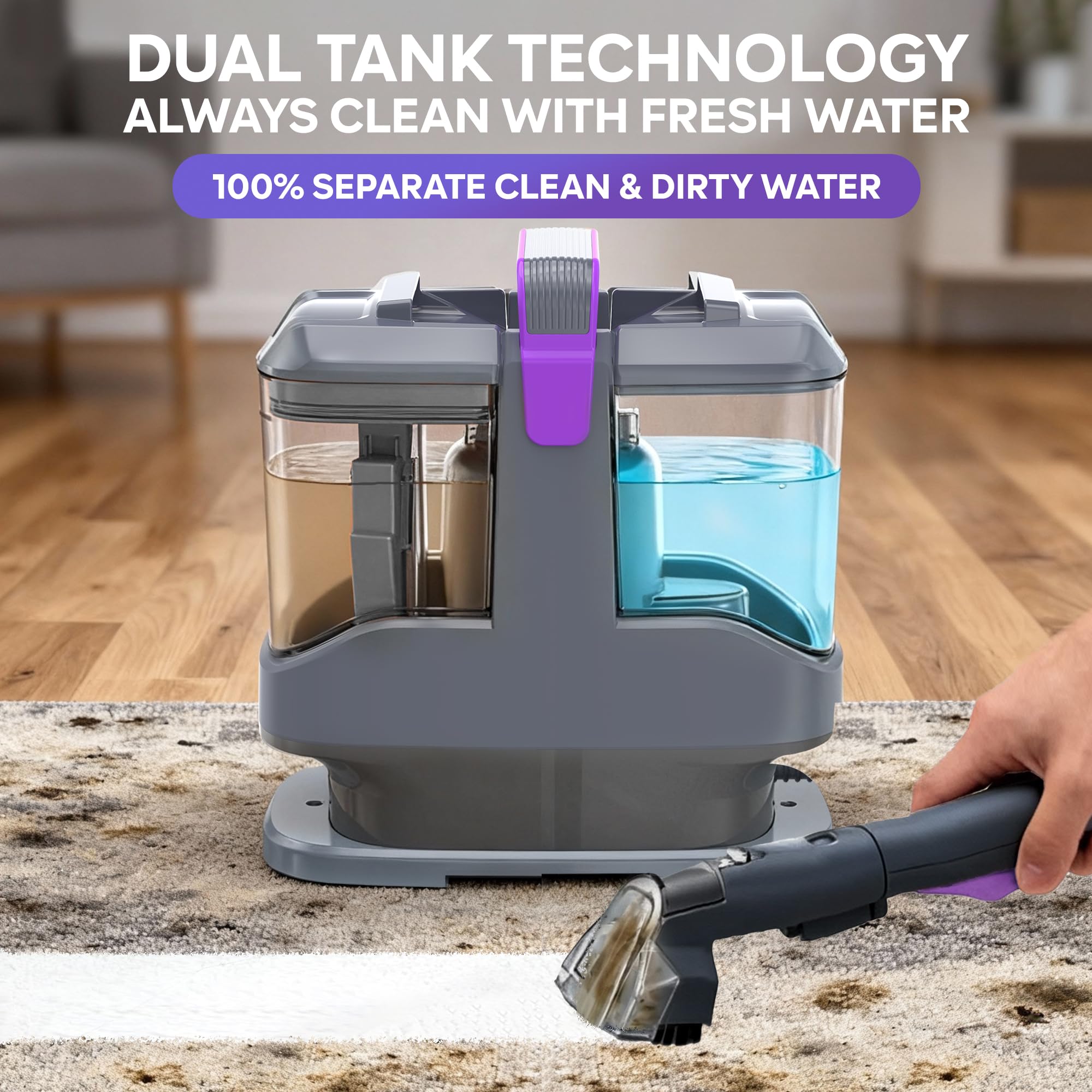 Shampouineuse 450W 13kPa, Nettoyeur Canapé Tissu et Tapis, Aspirateur Laveur pour Canapé, Voiture et Matelas, avec 3 Brosses et Double Réservoir Autonettoyant, Portable Léger 2,6kg
