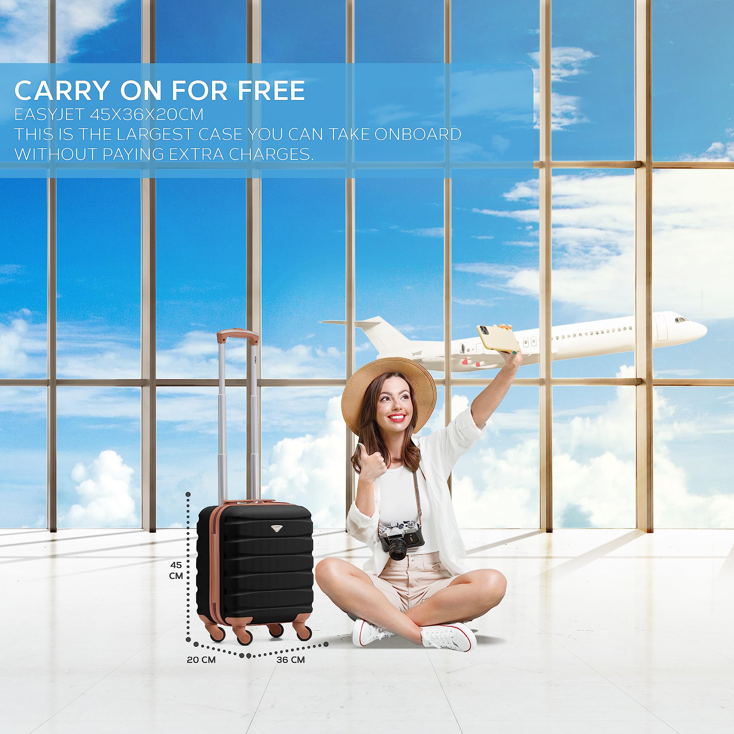 Flight Knight EasyJet Cabin Bag 45x36x20, Underseat, Lightweight Small Durable 4 Wheel Cabin Suitcase, Maximum Carry-On Size, ABS Hard Shell, 10kg Hand Luggage Bag- 45 x 36 x 20 cm Travel Bag
