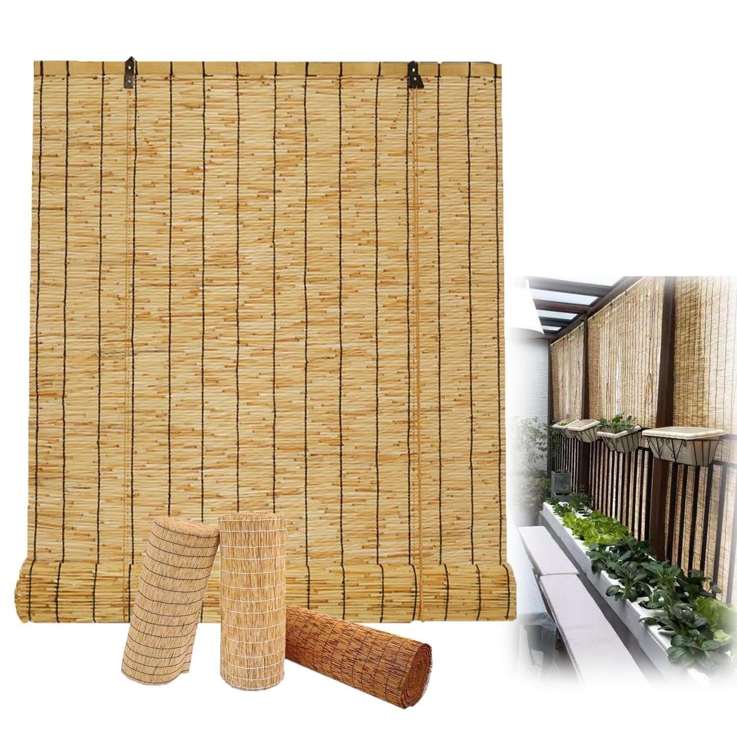 Store Enrouleur Bambou Terrasse 80x120 120x160 150x180 160x280cm Rideau de Roseau Jardin Protection Solaire Store Occultant Enrouleur pour Fenêtre et Porte(Natural Black Line,90W x 220H cm)