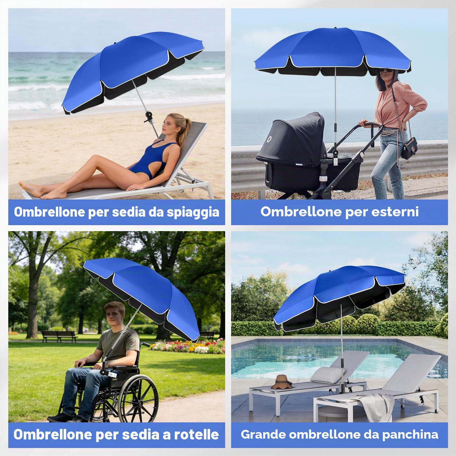 Confezione da 2 Ombrelloni da spiaggia con Morsetto Universale, UPF 50+ 360° Orientabile, Parasole Portatile per sedia da Campeggio, sedia a Rotelle, Sedie da patio, Passeggino