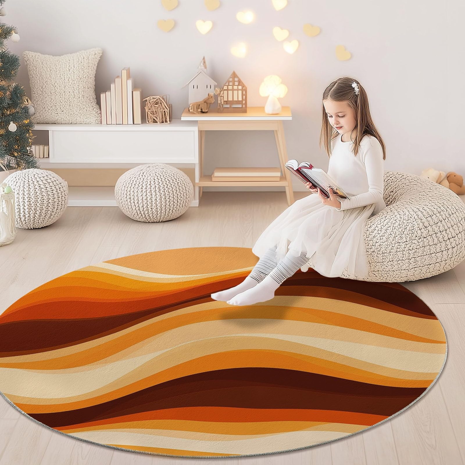 Tapis Rond Design Rétro Vagues Orange et Marron, Diamètre 140 cm Ambiance Années 70 Parfaite pour Salon Vintage ou Bureau, Flanelle Douce à Poils Ras, Base Antidérapante Stable, Pliable, Lavable