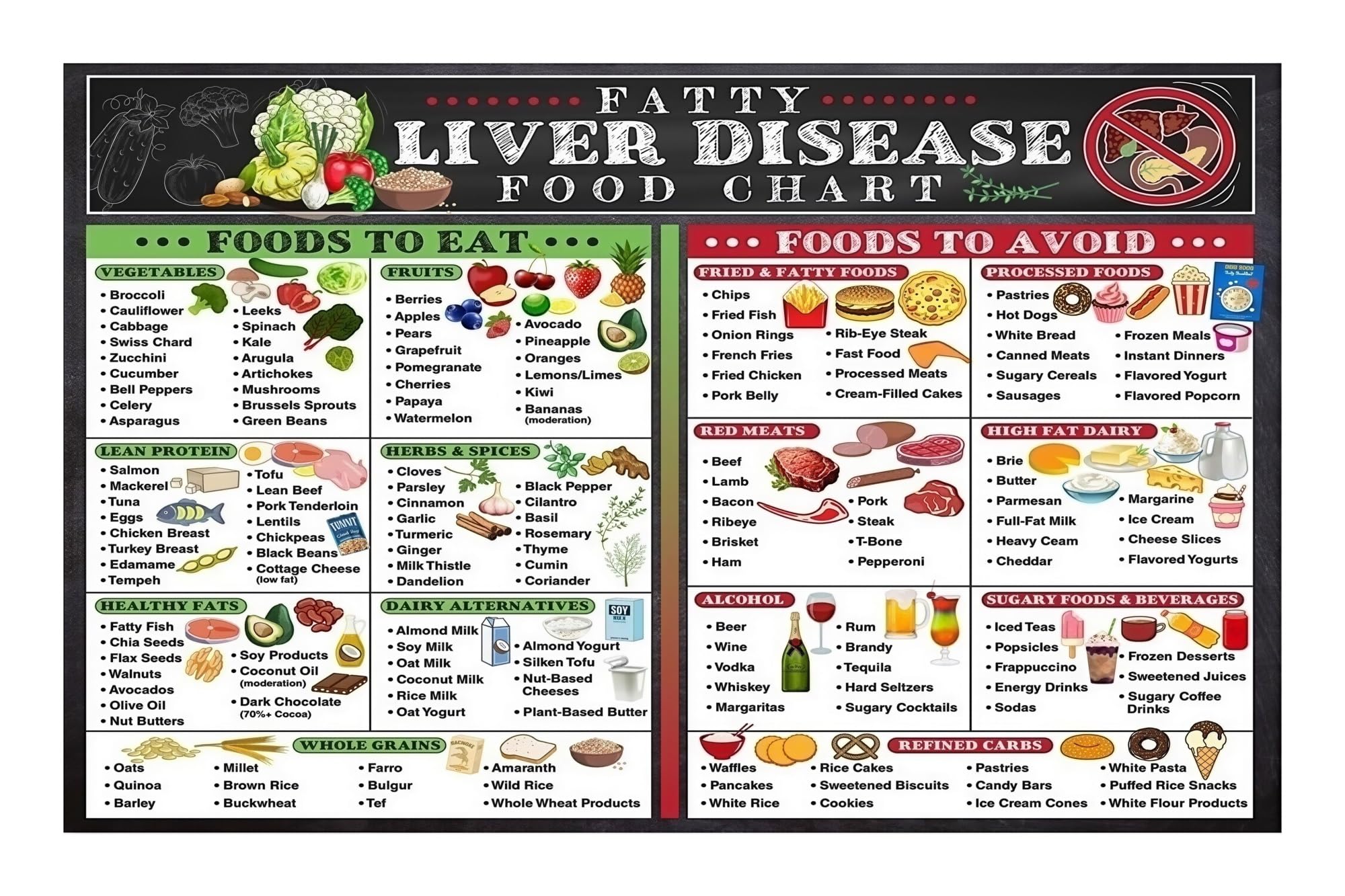 LLBOGRGGN Healthy Liver Clean Eating Meal Ideas Poster Fatty Liver Diet Guide Grocery List Food Chart for Patients and Caregivers
