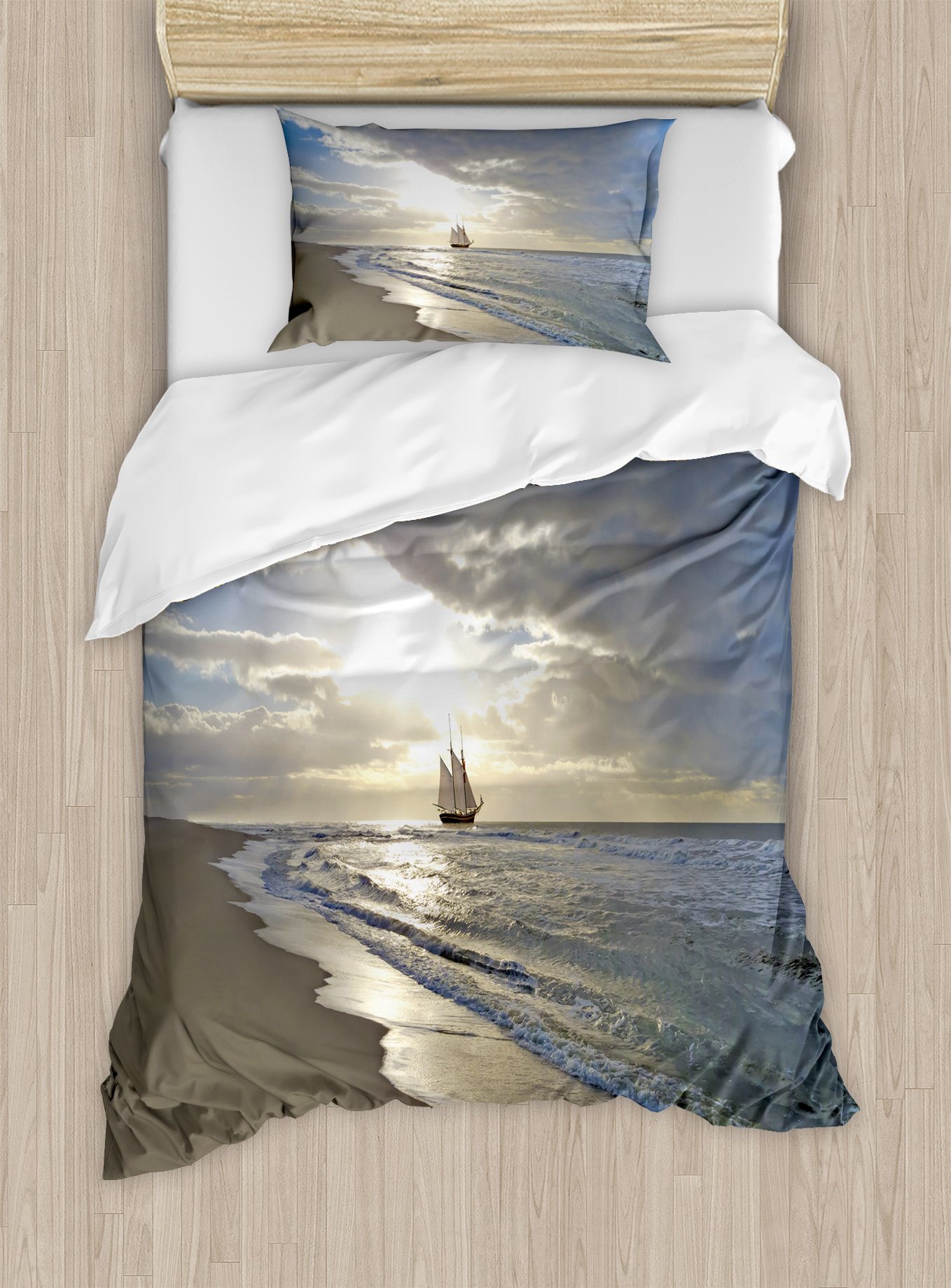 Ambesonne Nautical Duvet Cover Set, Sailing Ship Close to Sandy Beach in Moody Sunset Paradise Tropical Theme, Decorative 2 Piece Bedding Set with 1 Pillow Sham, Twin Size, Beige