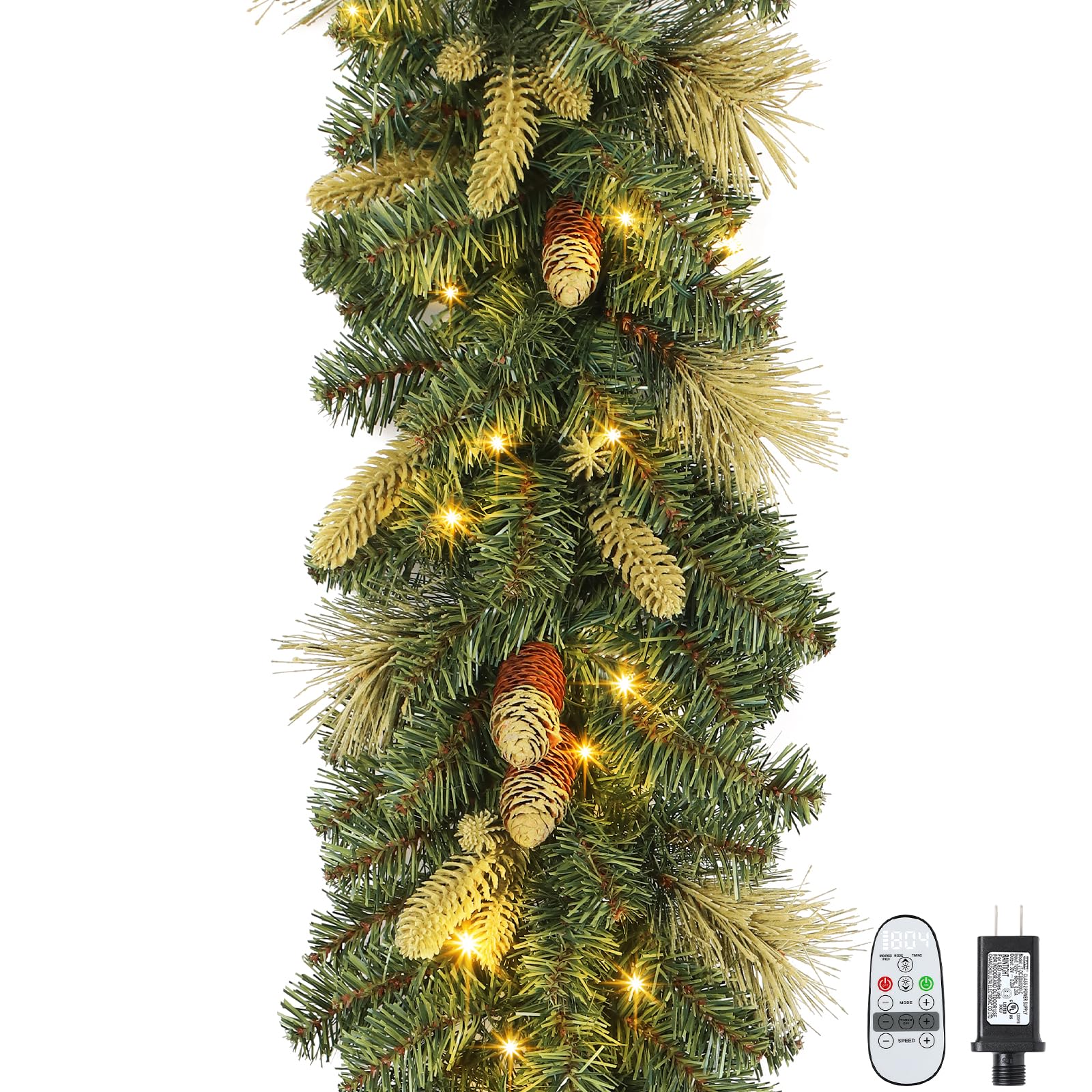 SHareconn 9FT Prelit Greenery Christmas Garland with Pine Cones Decorations and Multi-Color LED Lights Plug in, Lighted Garland for Mantle Fireplace Table Indoor Xmas Decor, 9 FT