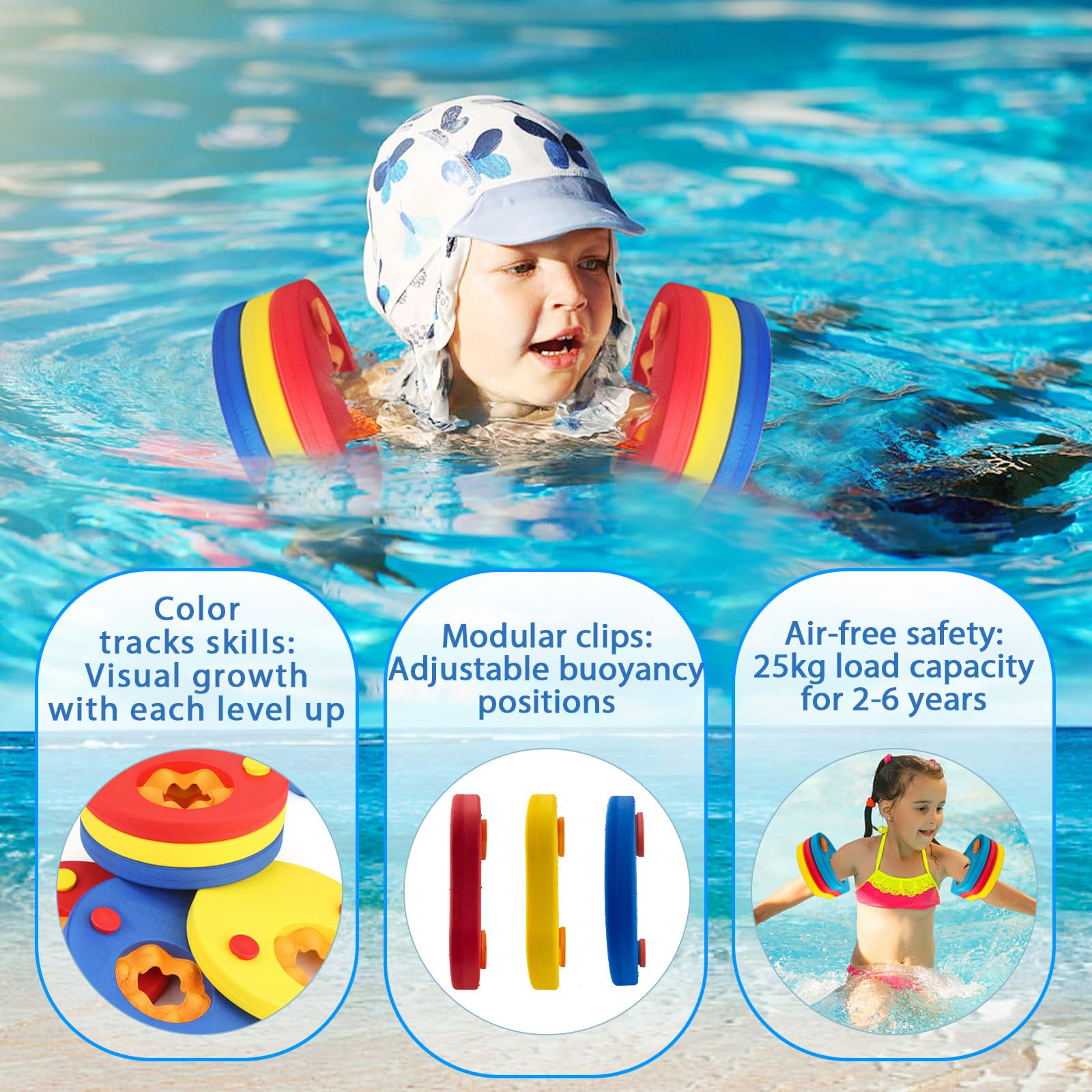6 Stück Schwimmscheiben Kinder 3-6 Jahre, Schwimmflügel Kinder Schwimmhilfe Eva-Schaum Schwimmscheiben Ohne Aufblasen, Schwimmarmbänder für das Kind zum Schwimmen Lernen für Jungen Mädchen
