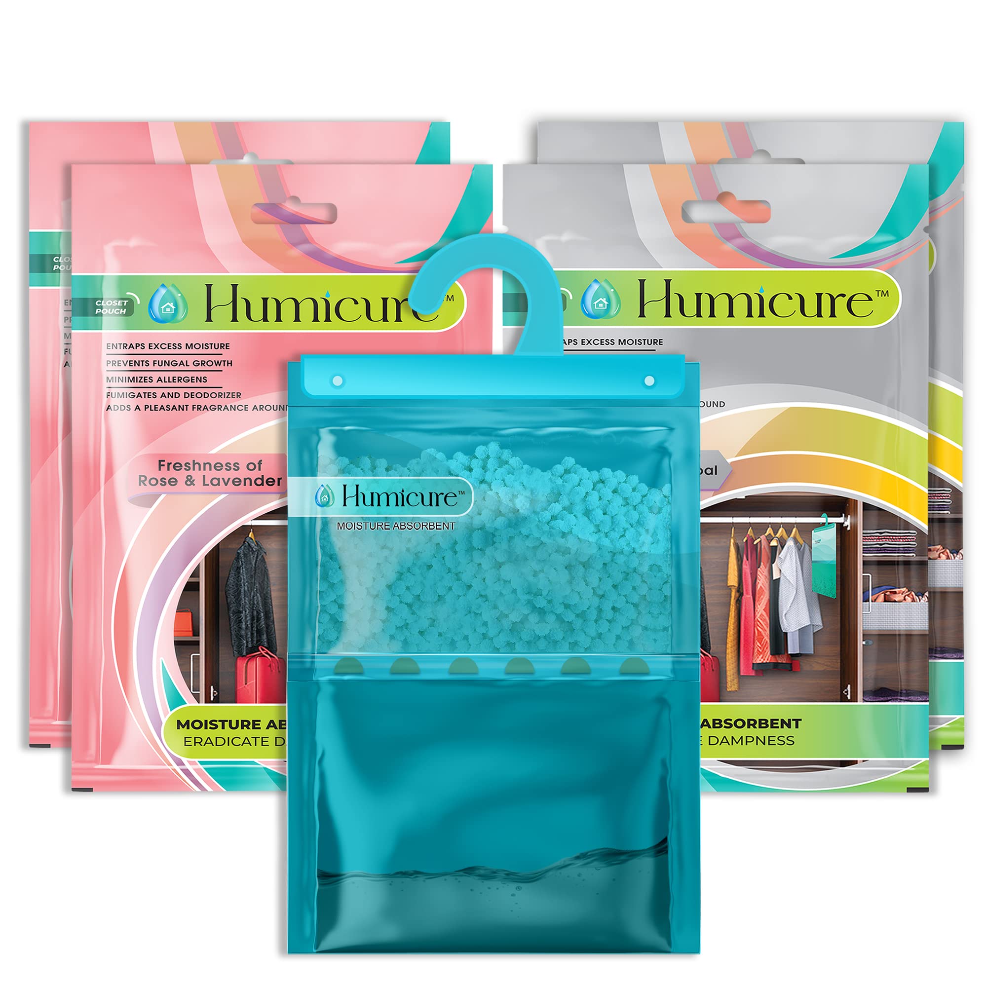 Humicure Moisture Absorber Dehumidifier Hanging Bags with 1 Litre Absorption Capacity for Wardrobe, Bathroom, Kitchen and Bedroom; Prevents Mould & Fungus (Pack of 4, 400gram each, Rose & Charcoal)