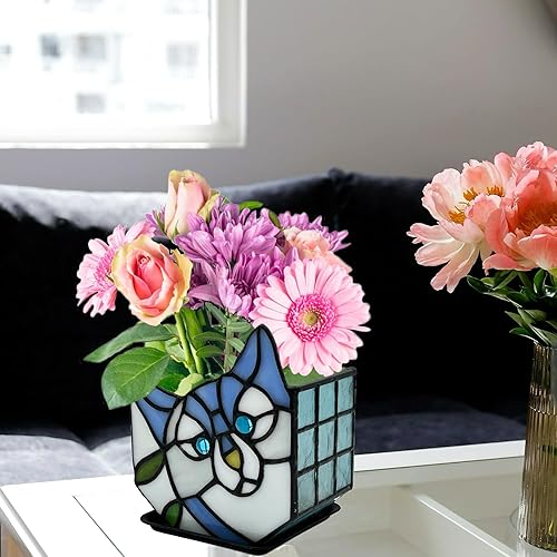 Miniatura 4 de Maceta de gato de vitral, bonitas macetas para plantas, maceta pequeña con diseño único de cara de gato, decoración de terrario inclinable, 4.6 x 3