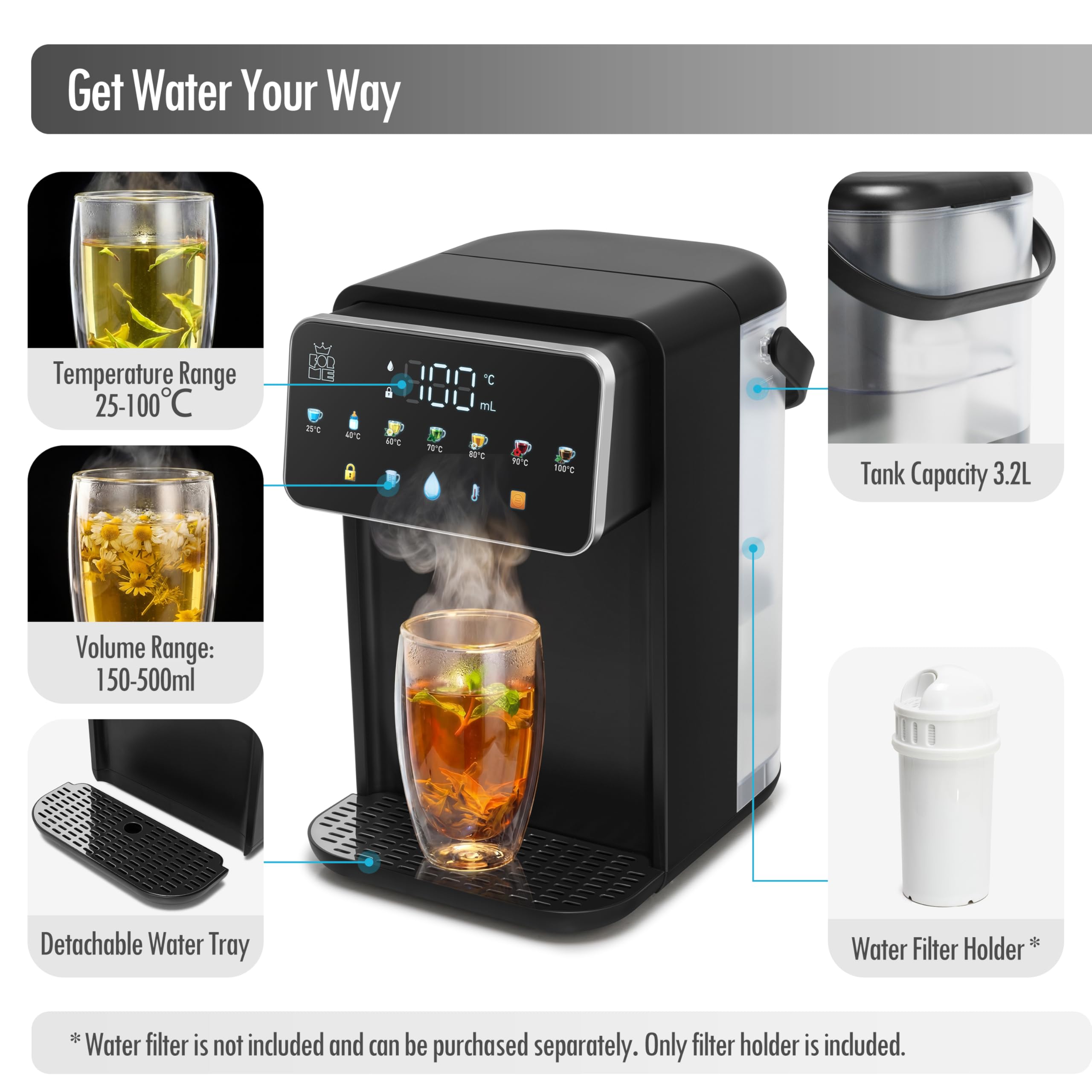Forme Heißwasserspender 3,2 L Wassertank 2000W, Wasserspender Temperaturauswahl 25-40-50-60-80-90-100 °C, Filter Optional Verwenden, Reduziert Chlor und Kalk