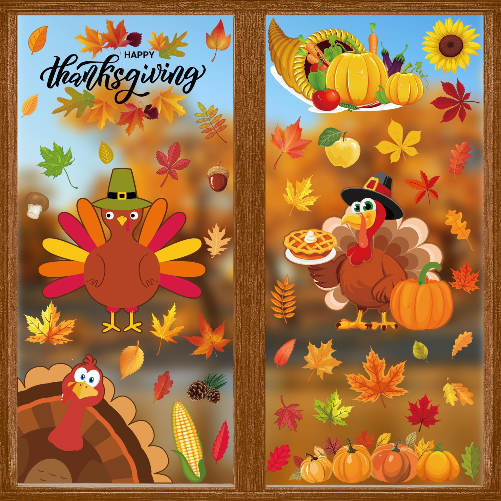 9 Sheets Thanksgiving Window Clings, 116PCS Thanksgiving Decorations Window Stickers, Turkey Decal Stickers with Cute Cones Nuts Maple Leaves Patterns for Fall Harvest Decorations Decor Accessories
