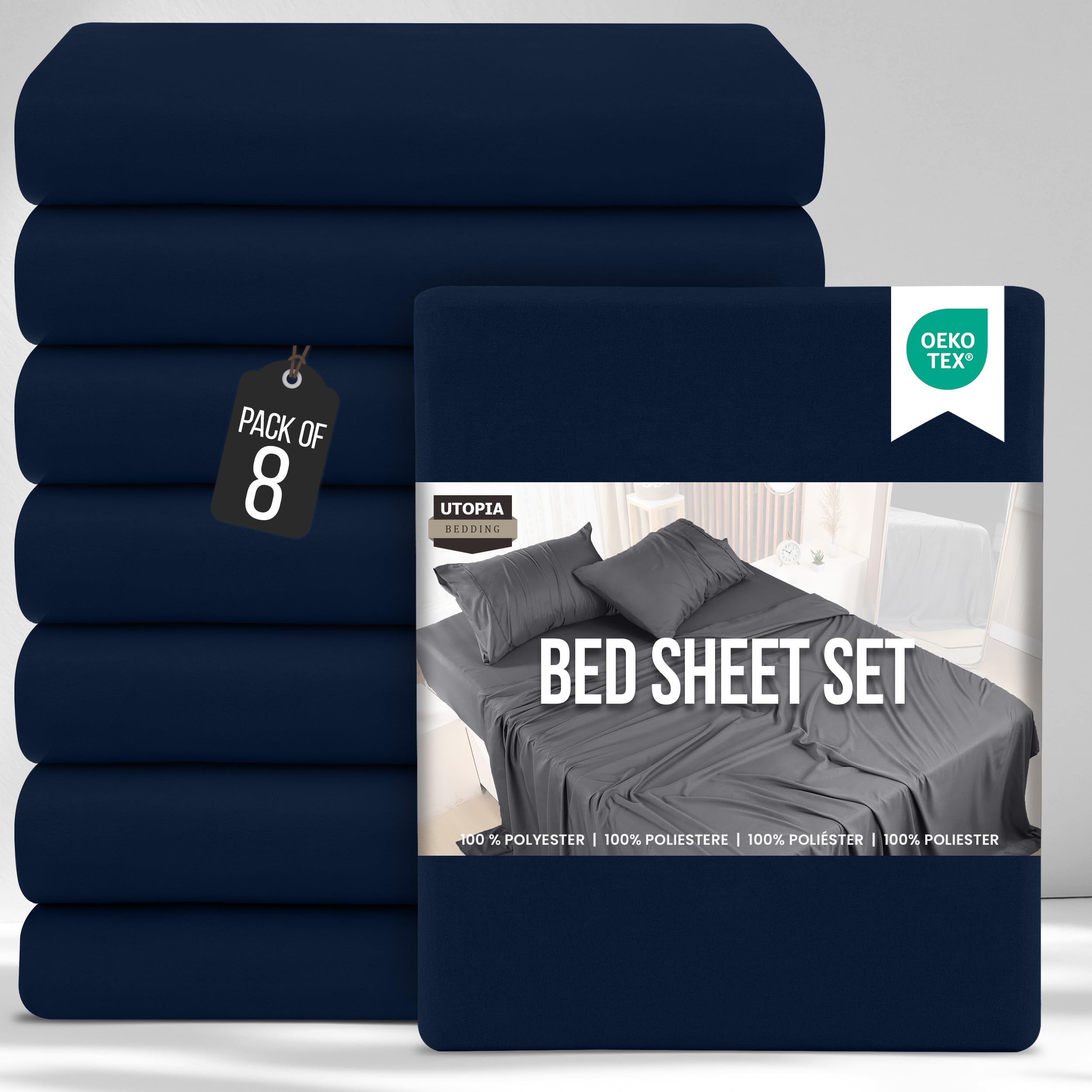 Utopia Bedding Bed Sheets Set Bulk Pack of 8 (Double, Navy Blue) – Fitted Sheet, Flat Sheet with Pillow cases 50x75 – Wrinkle, Shrinkage & Fade Resistant – Soft Brushed Polyester Microfiber Fabric